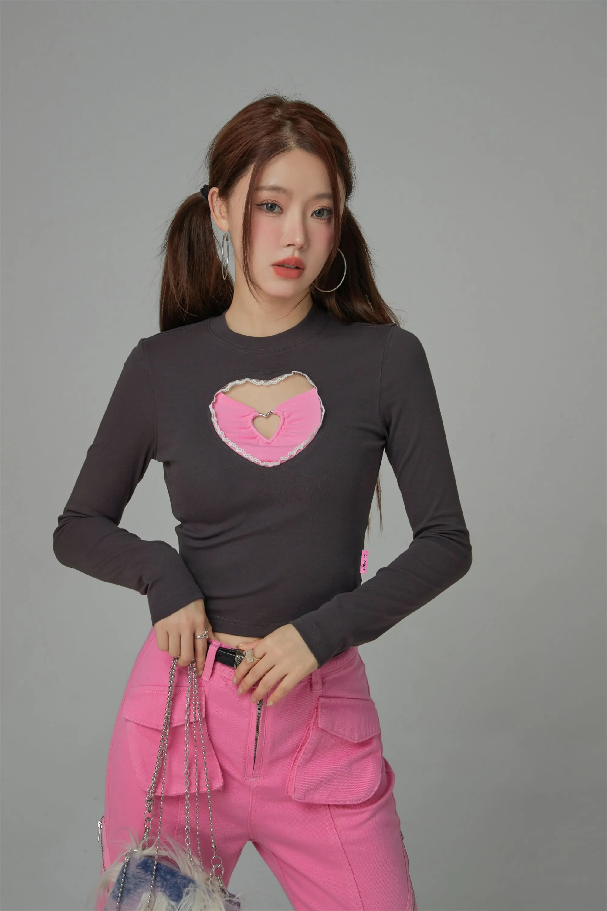 2-Layers Heart Cutout Long-Sleeved Top