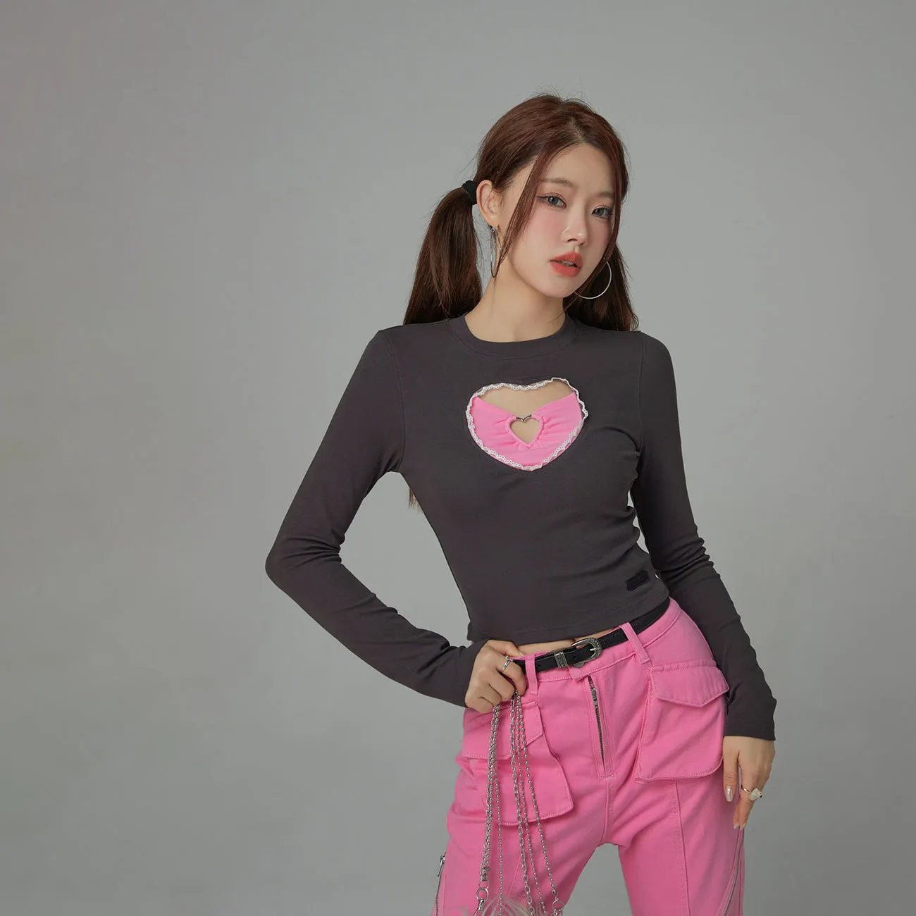 2-Layers Heart Cutout Long-Sleeved Top