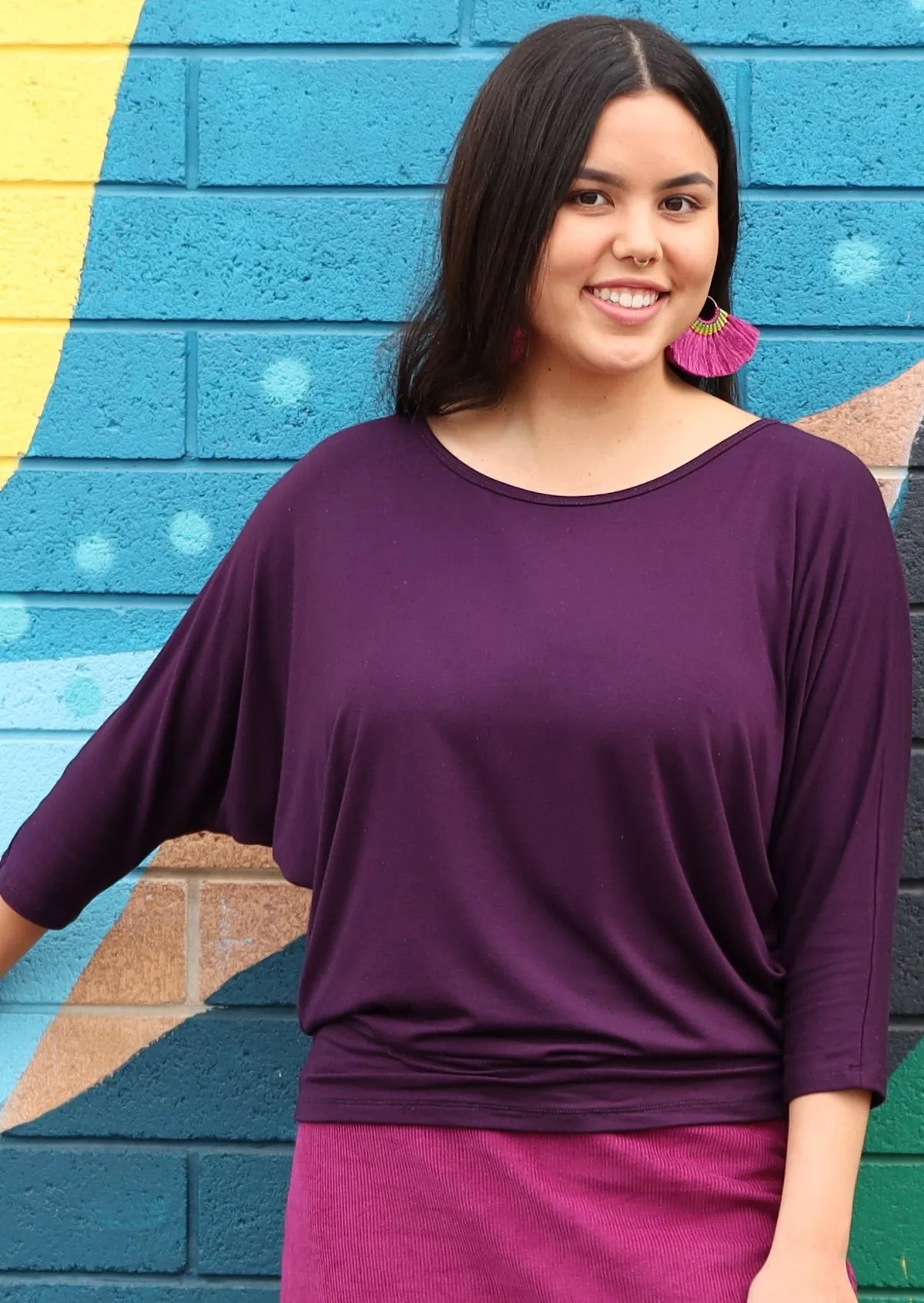 3/4 Sleeve Batwing Top Dark Purple