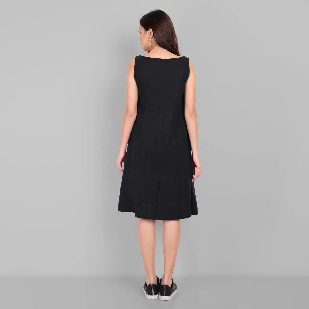 A-line Black Linen Knee Length Dress