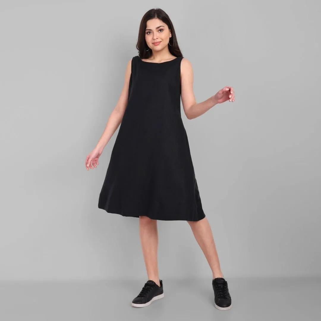 A-line Black Linen Knee Length Dress