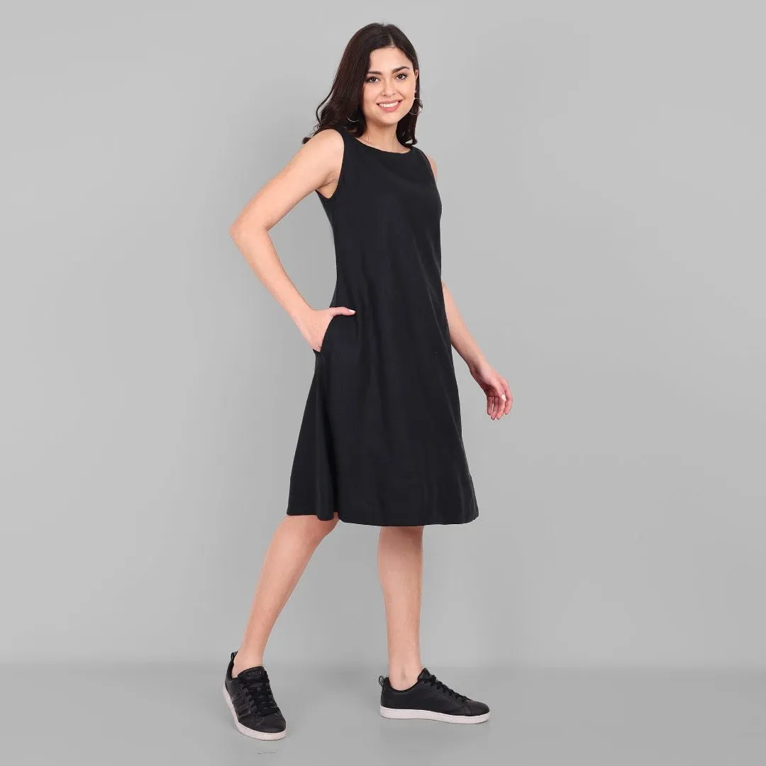 A-line Black Linen Knee Length Dress