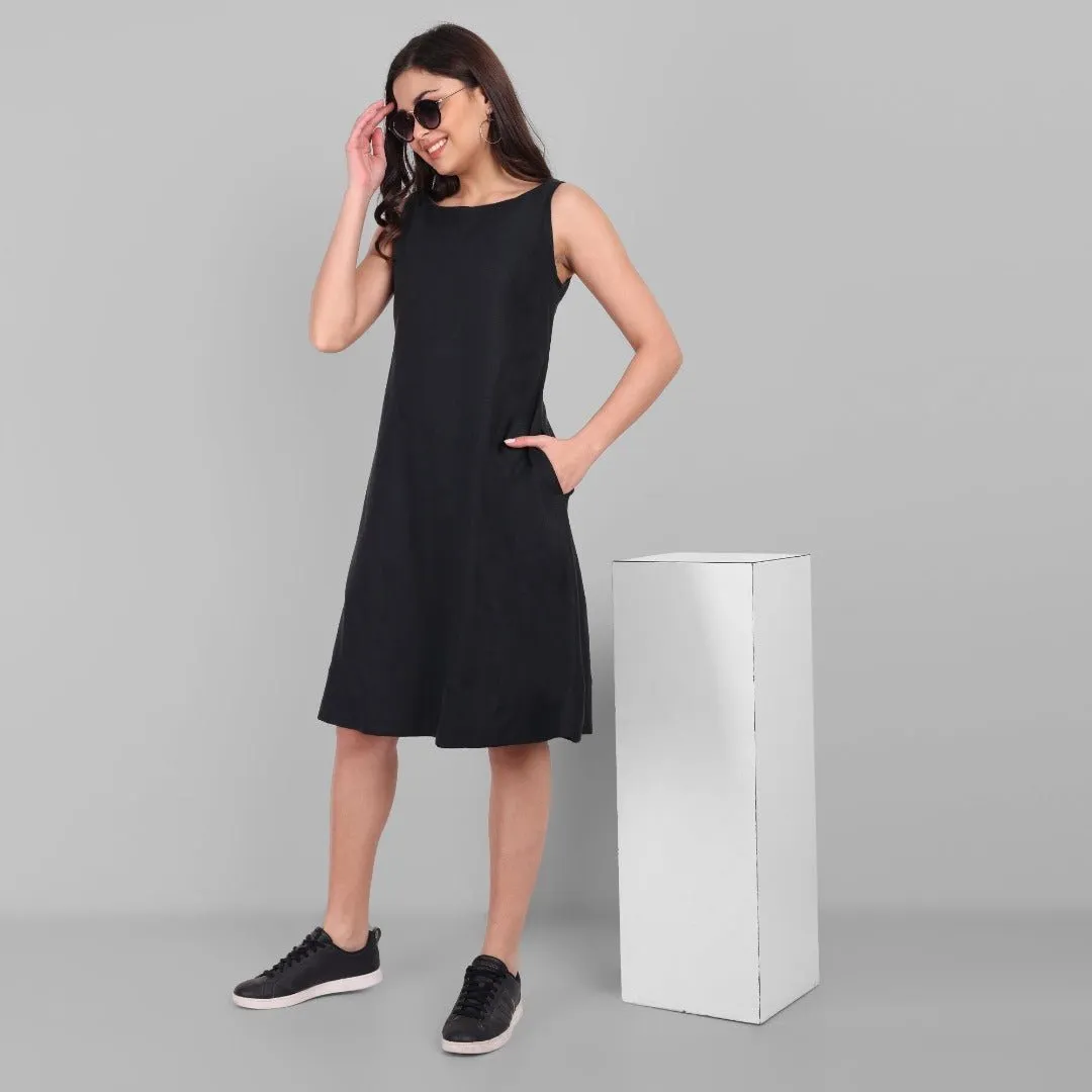 A-line Black Linen Knee Length Dress