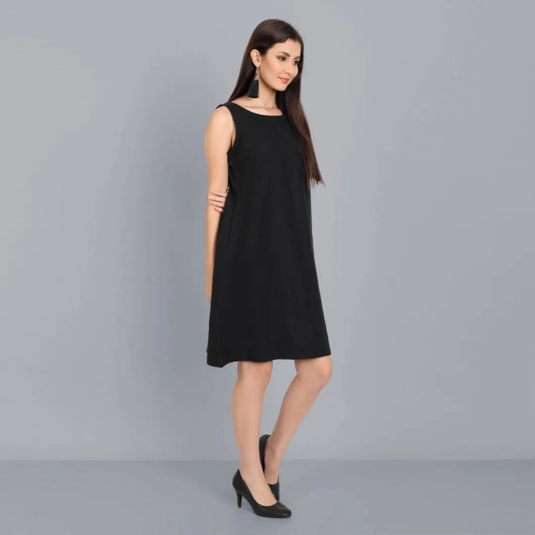 A-line Black Linen Knee Length Dress