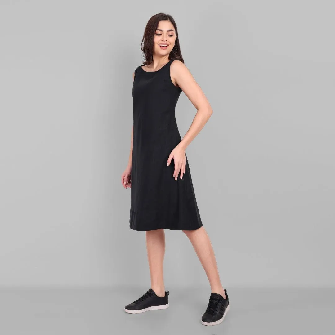 A-line Black Linen Knee Length Dress