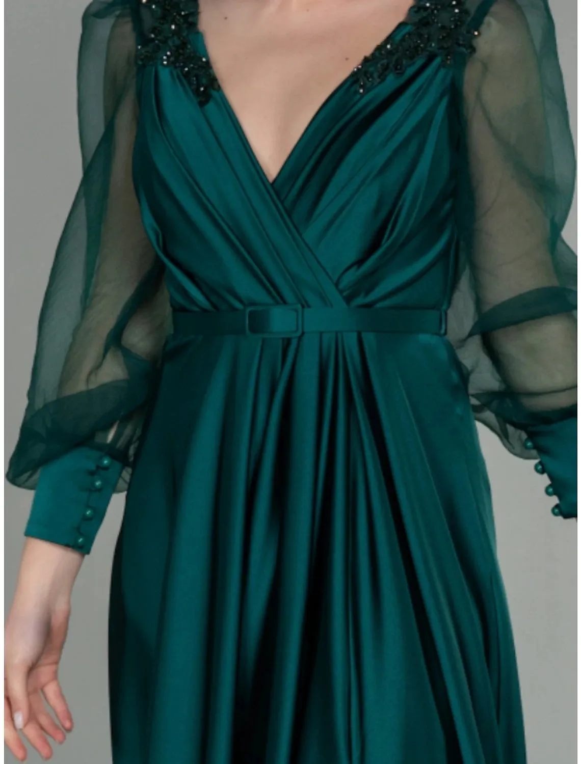 A-Line Evening Gown Elegant Dress Formal Fall Floor Length Long Sleeve V Neck Satin with Pleats Slit Shouder Flower