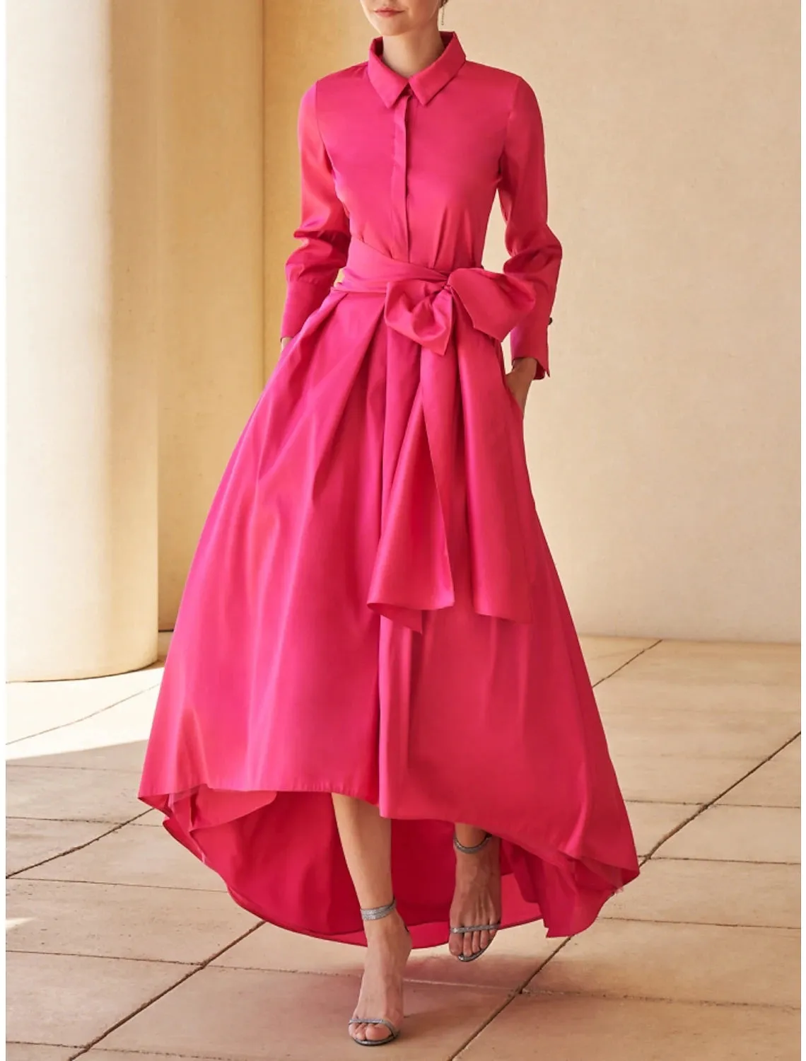 Elegant Satin A-Line Mother of the Bride Dress with Asymmetrical Shirt Collar, Long Sleeves, and Sash Detail