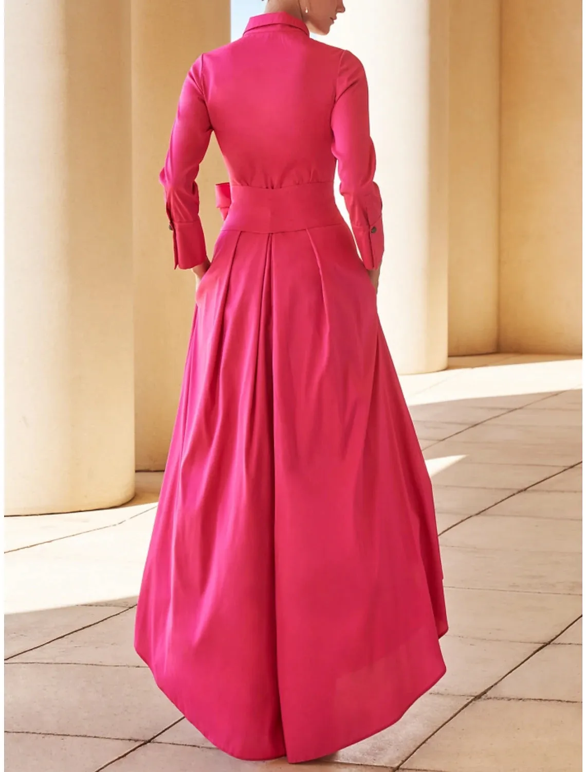 Elegant Satin A-Line Mother of the Bride Dress with Asymmetrical Shirt Collar, Long Sleeves, and Sash Detail