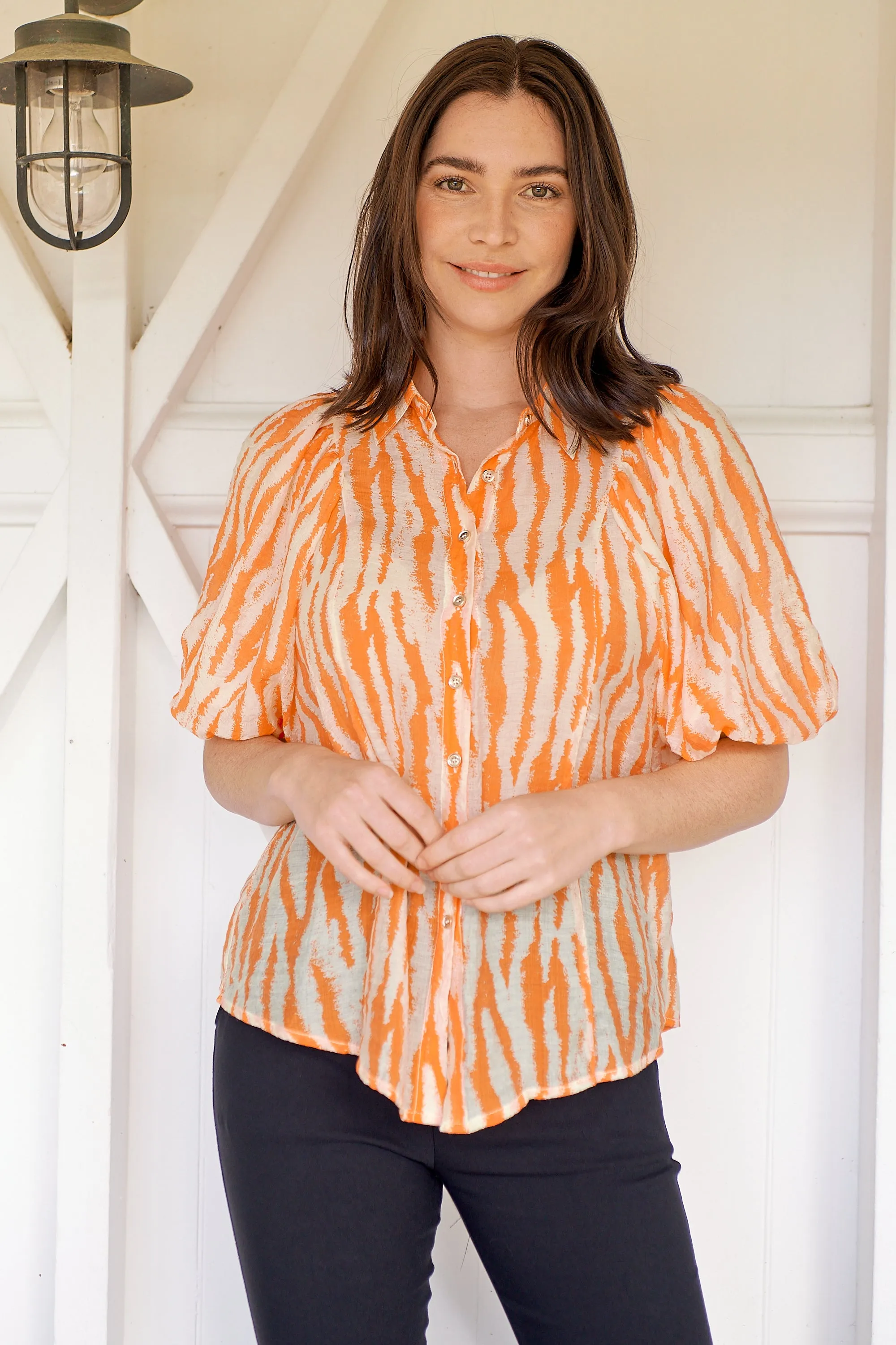 Abigail Puff Sleeve Orange Zebra Print Blouse