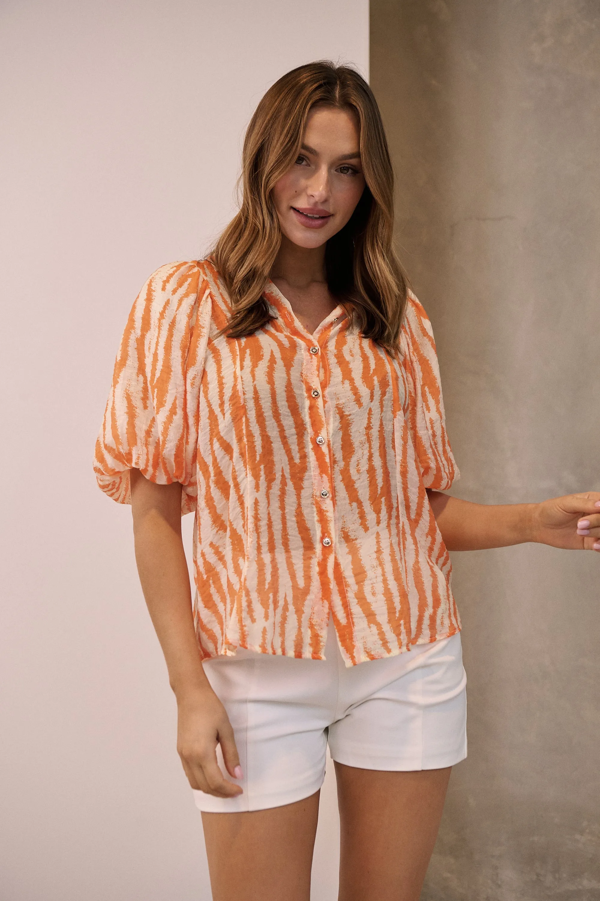 Abigail Puff Sleeve Orange Zebra Print Blouse