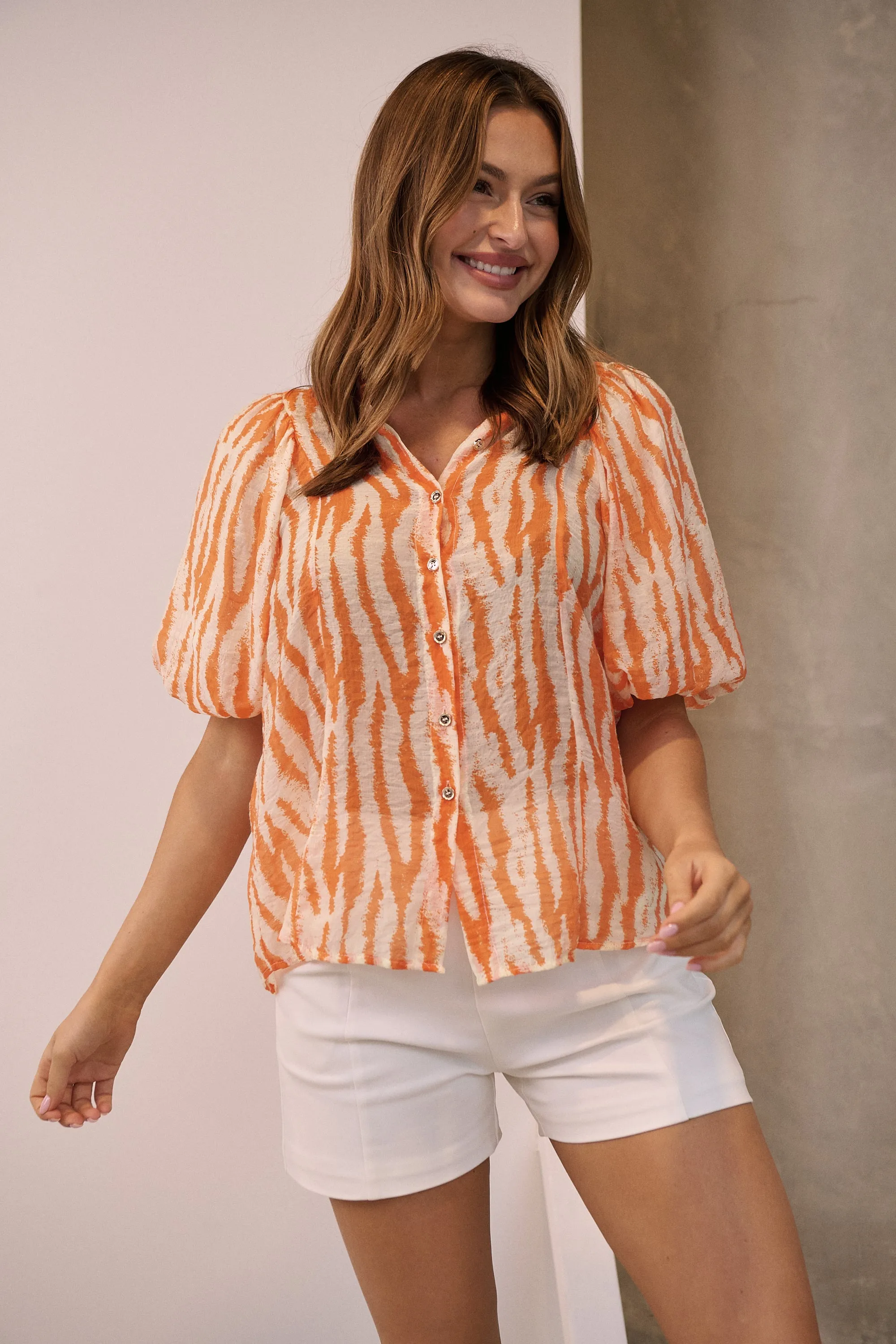 Abigail Puff Sleeve Orange Zebra Print Blouse