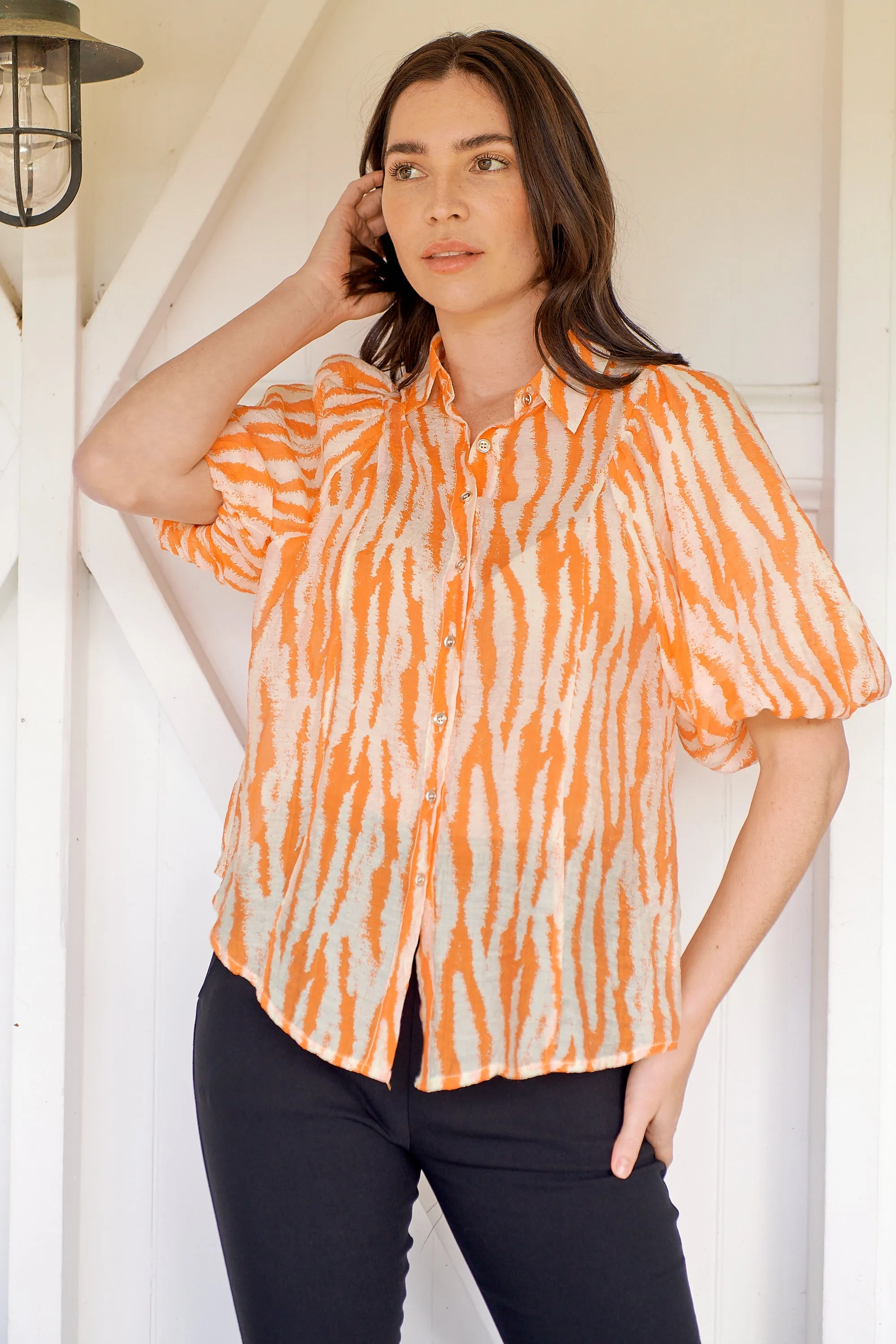 Abigail Puff Sleeve Orange Zebra Print Blouse