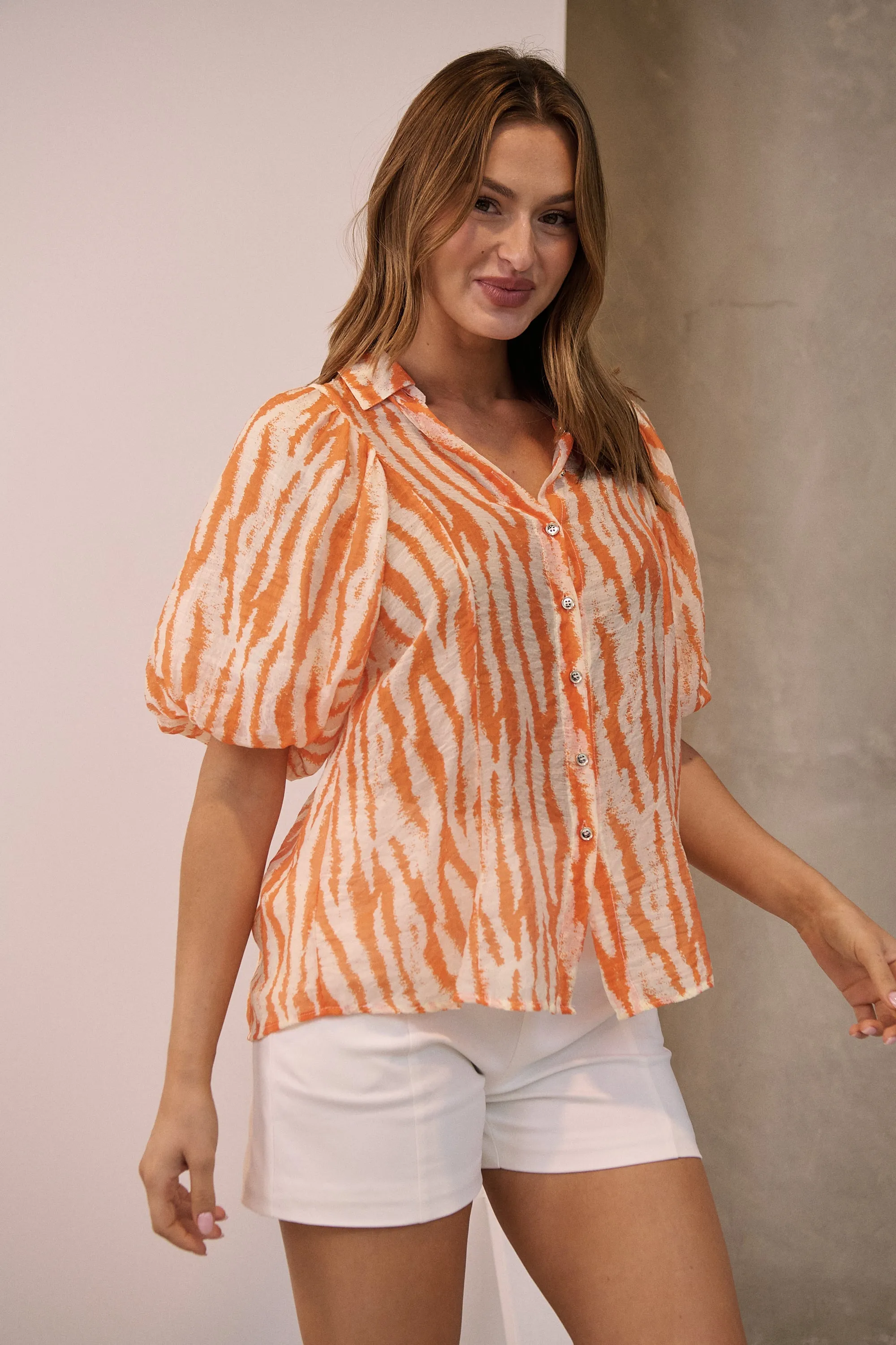 Abigail Puff Sleeve Orange Zebra Print Blouse