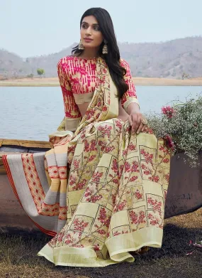 Abstract Blouse With Yellow Linen Floral Saree