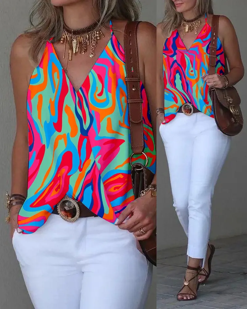 Abstract Print Halter Sleeveless Wrap Tank Top