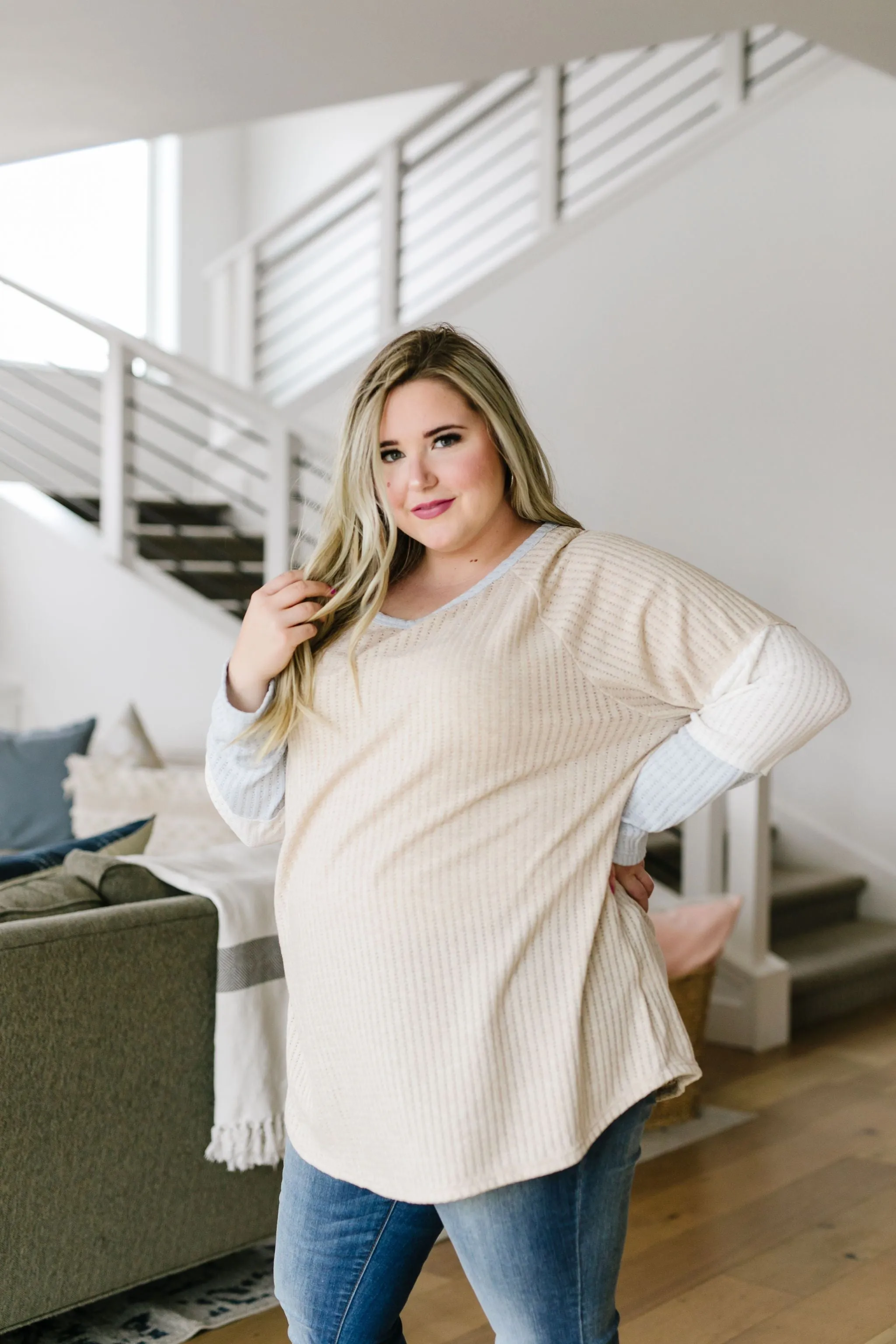 All Talk Ribbed Colorblock Top In Taupe