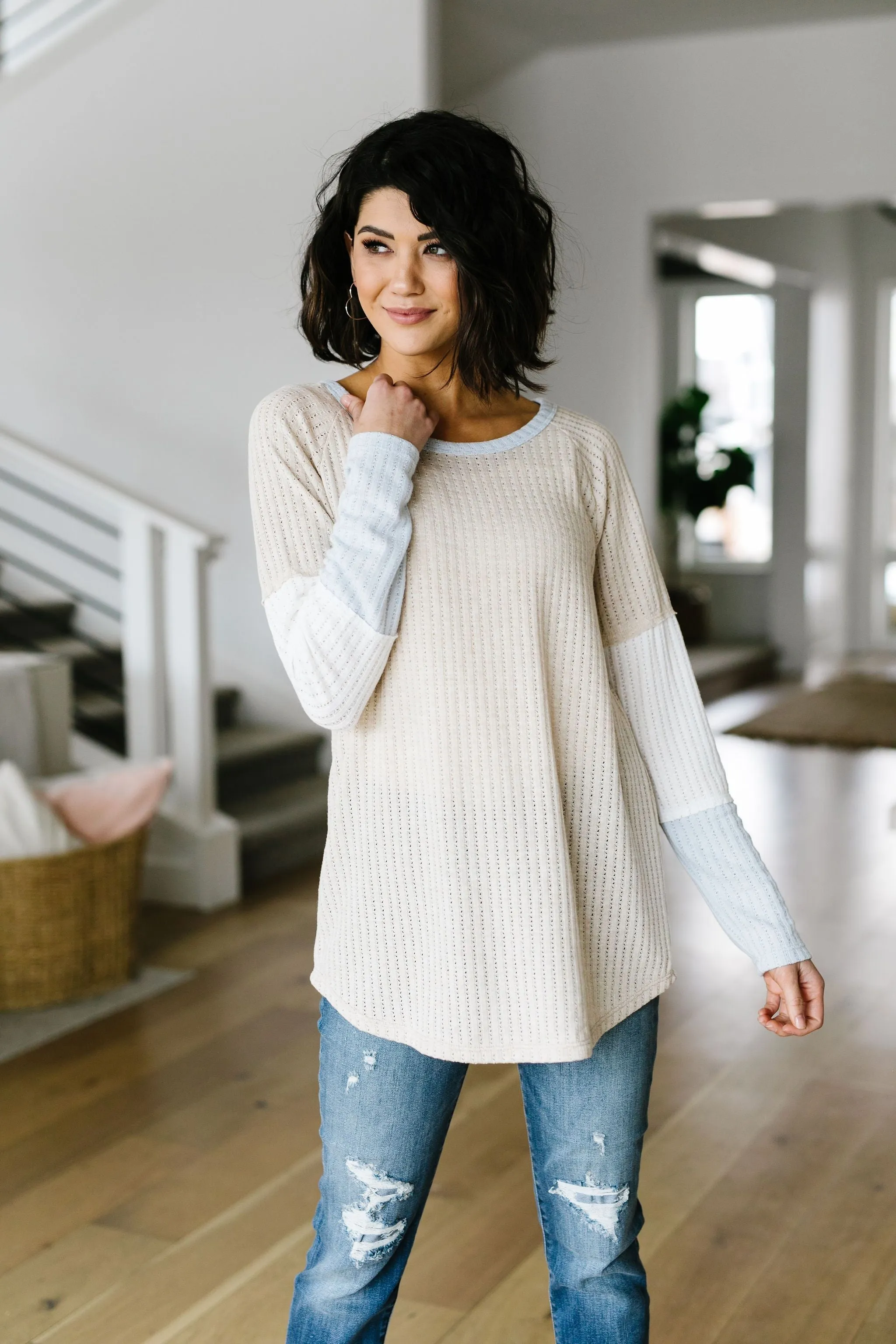 All Talk Ribbed Colorblock Top In Taupe