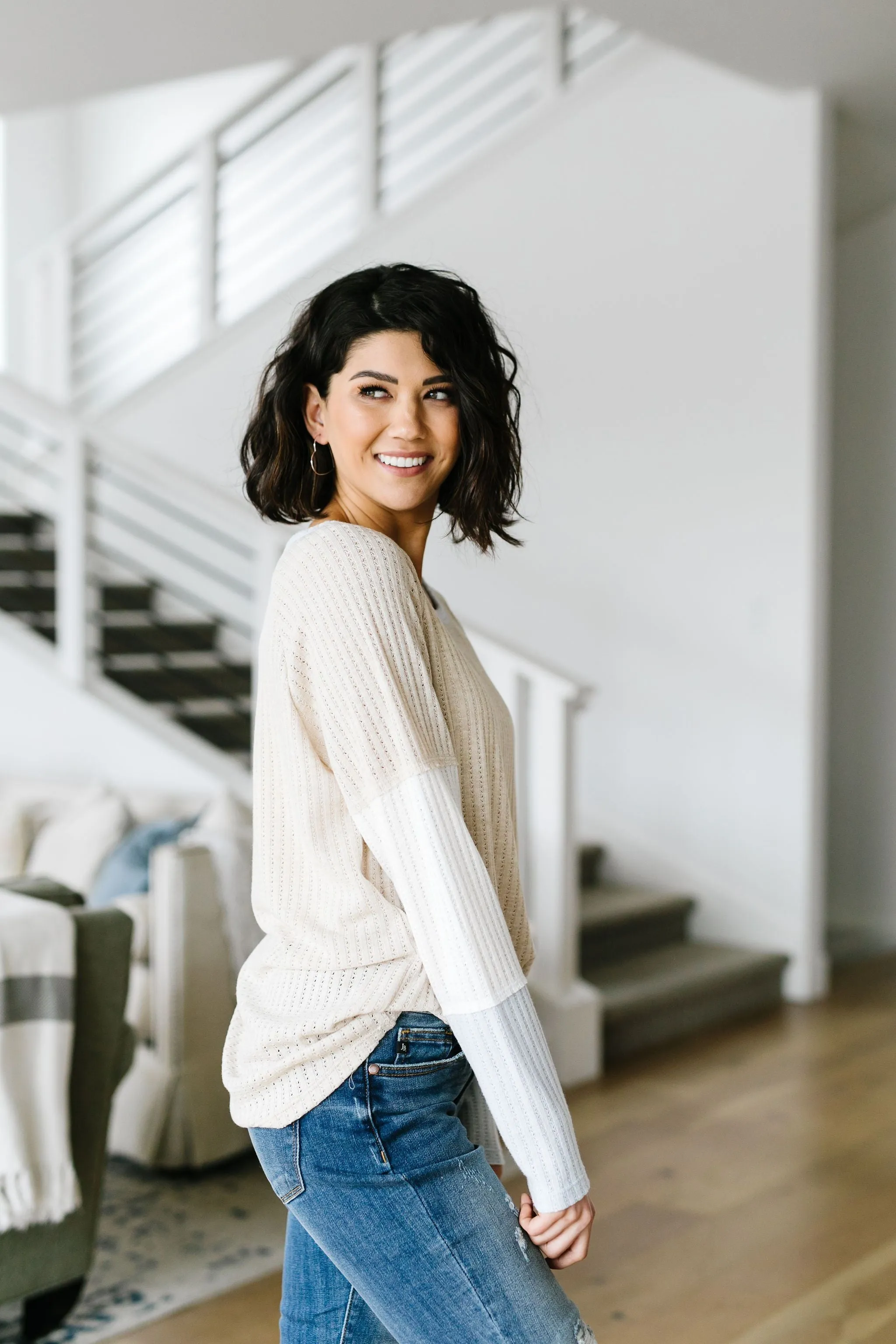 All Talk Ribbed Colorblock Top In Taupe