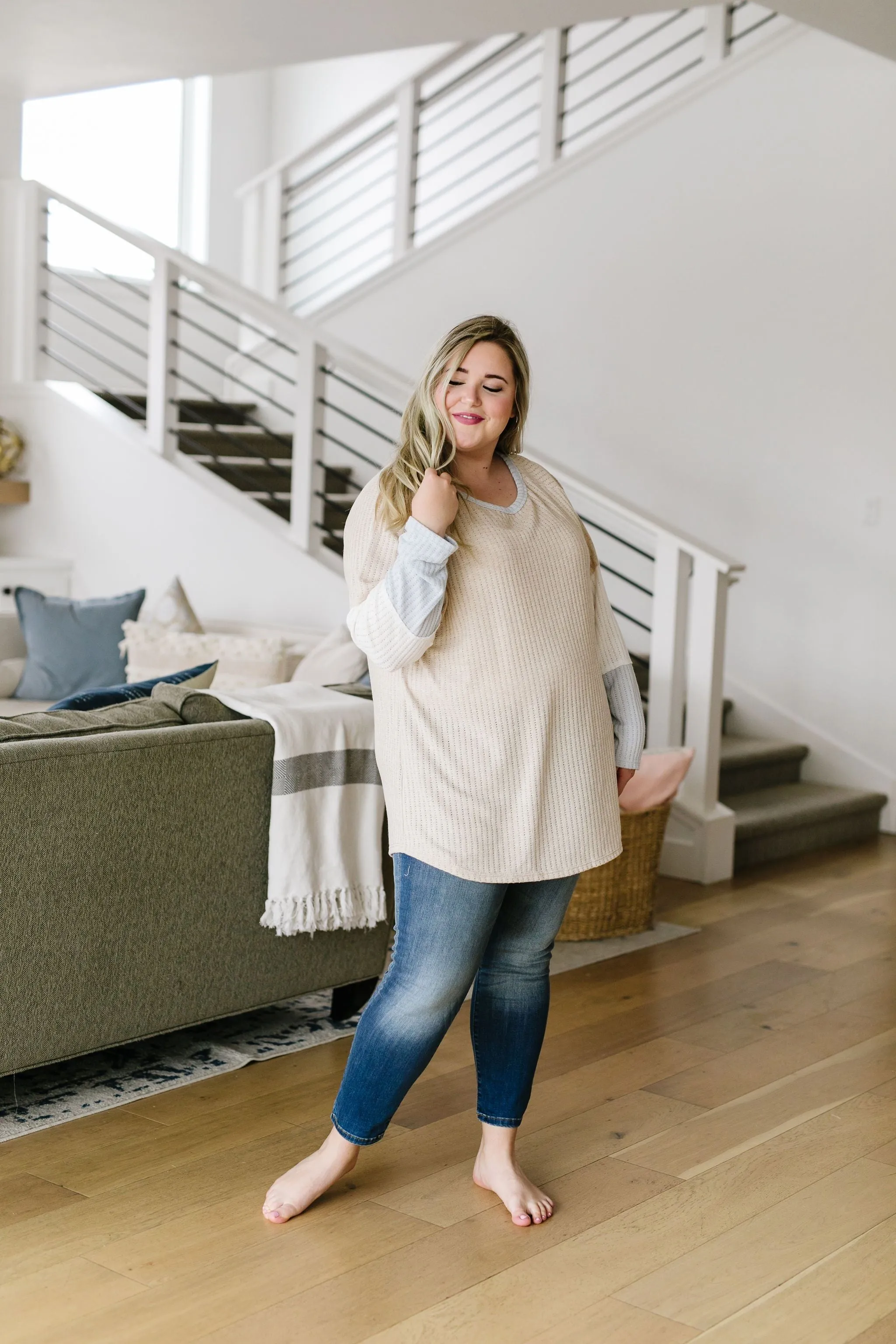 All Talk Ribbed Colorblock Top In Taupe