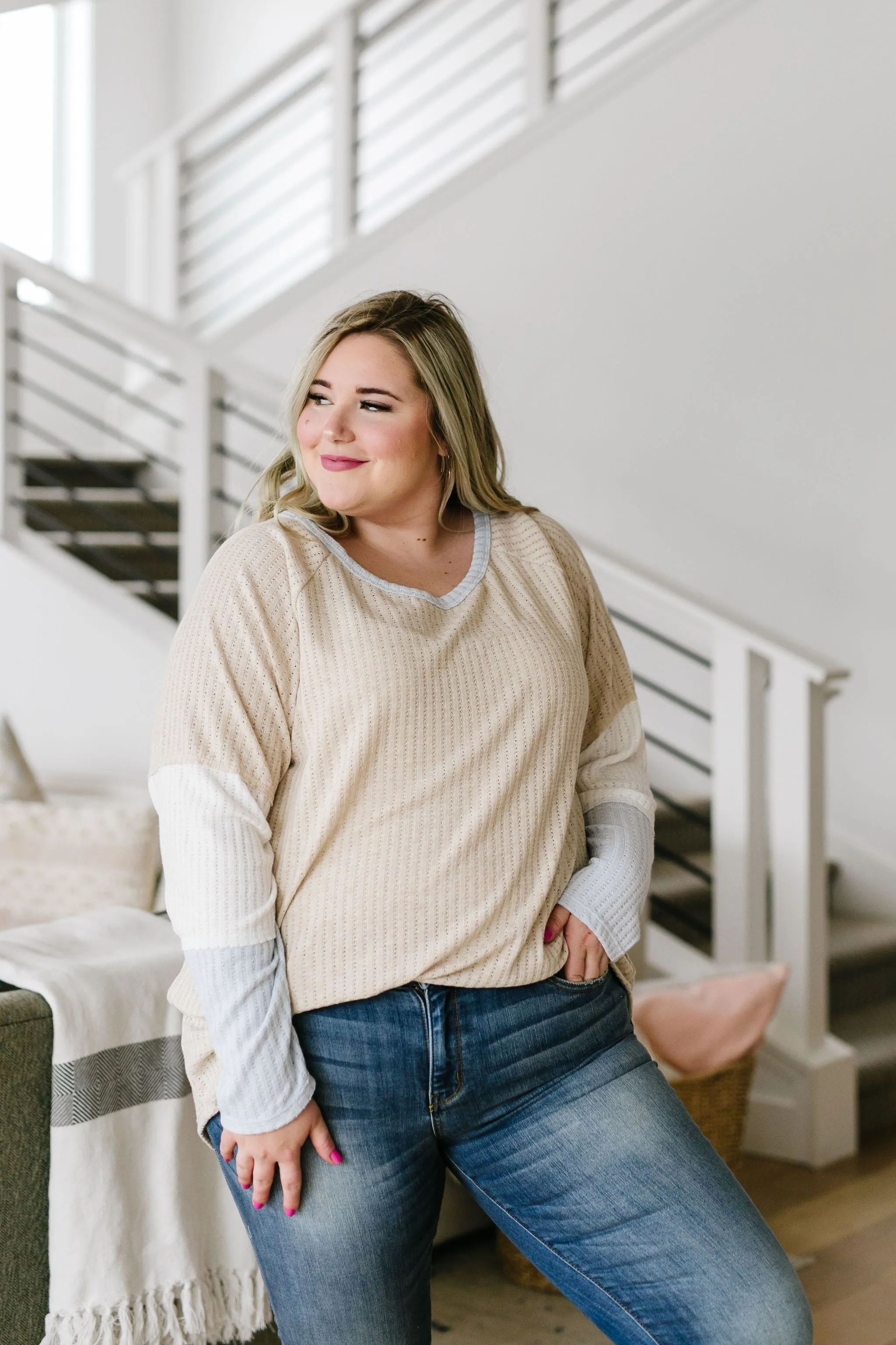 All Talk Ribbed Colorblock Top In Taupe