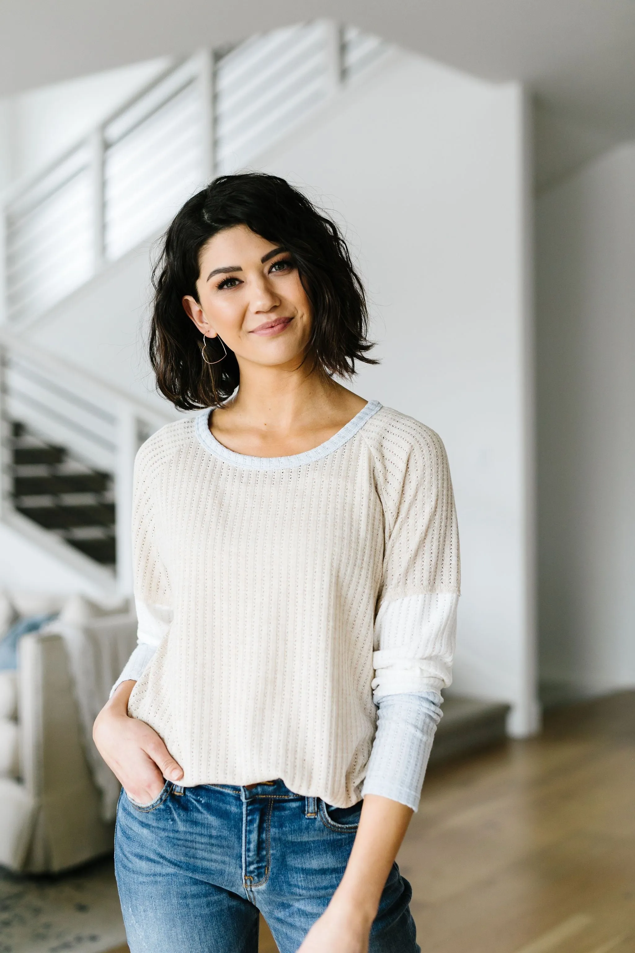 All Talk Ribbed Colorblock Top In Taupe