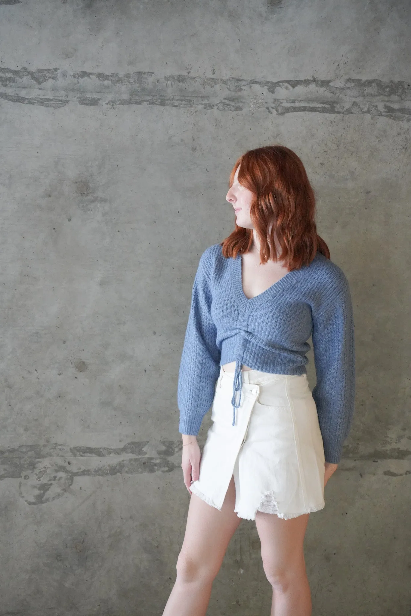 At Dusk Blue Ruched Tie Sweater