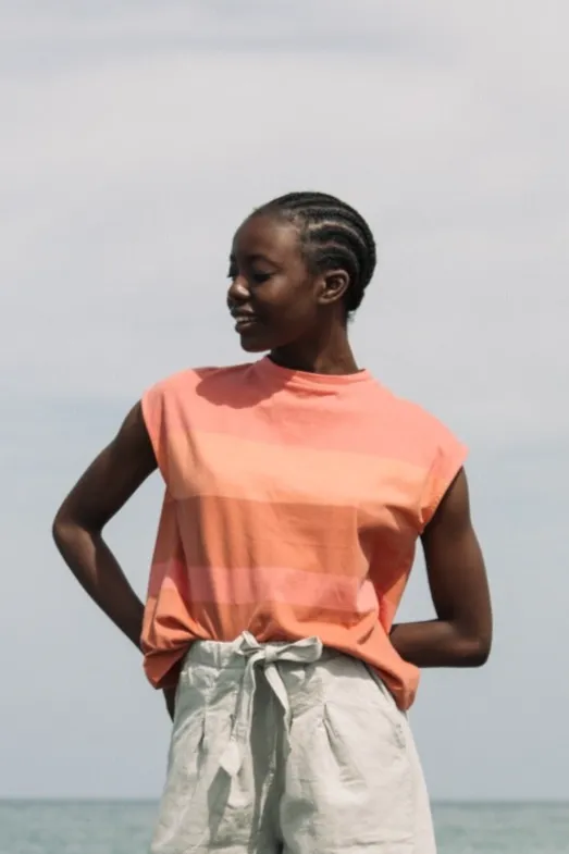 Aukai-Jo Organic Cotton Top in Coral Multi Stripe