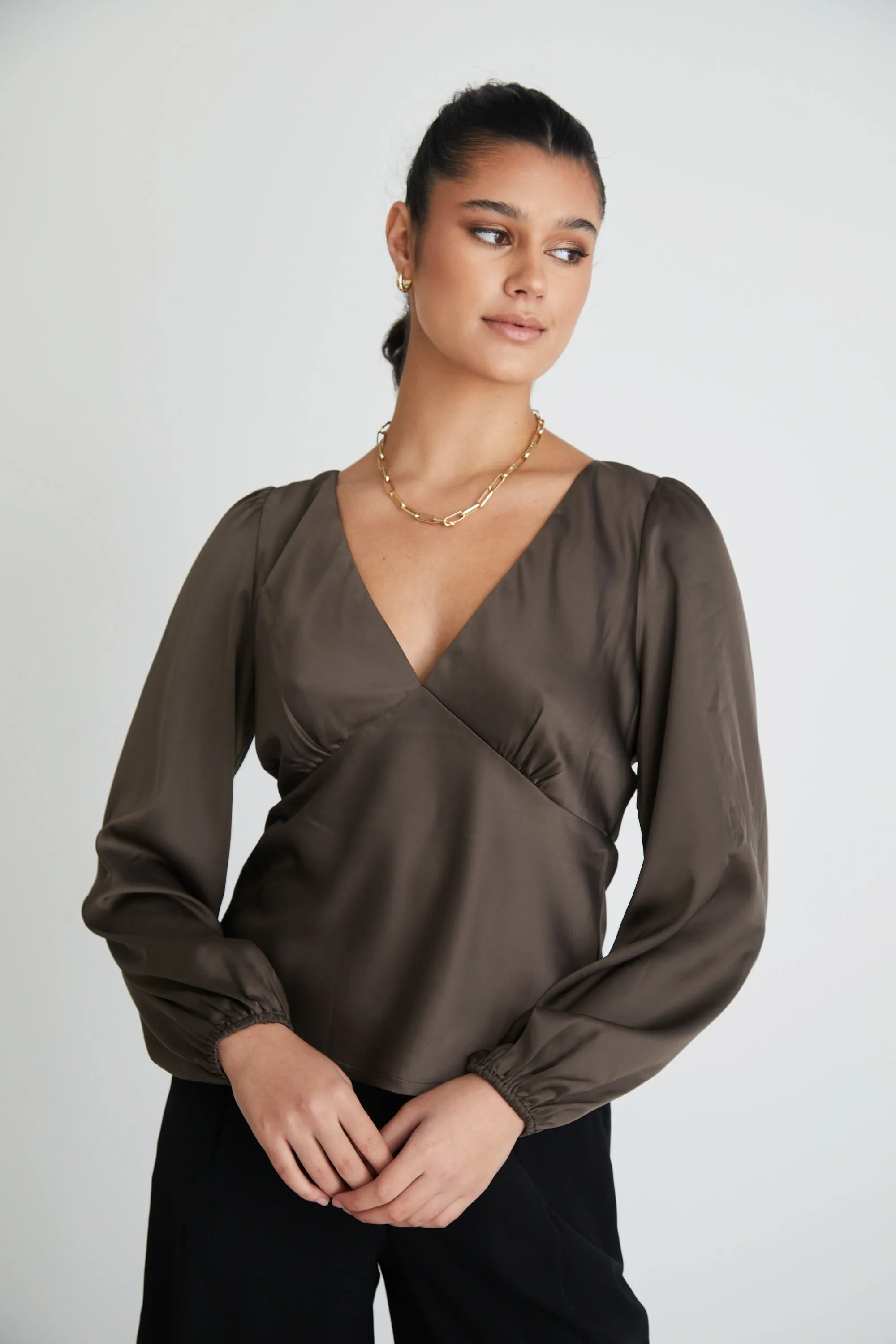 Bailey Olive Satin Bias Balloon Sleeve Top