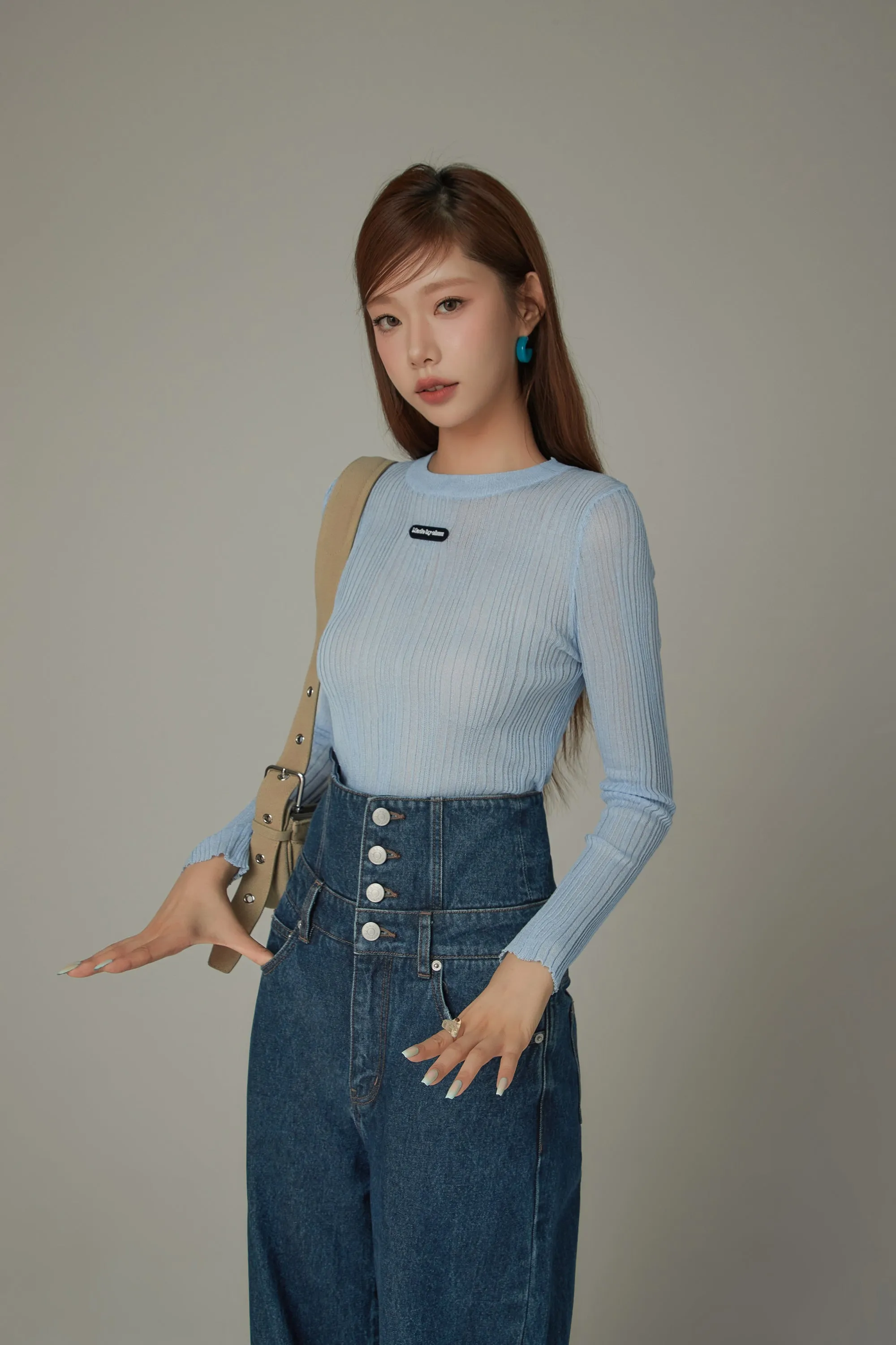 Basic Solid Color Round Neck Knit See Through Top