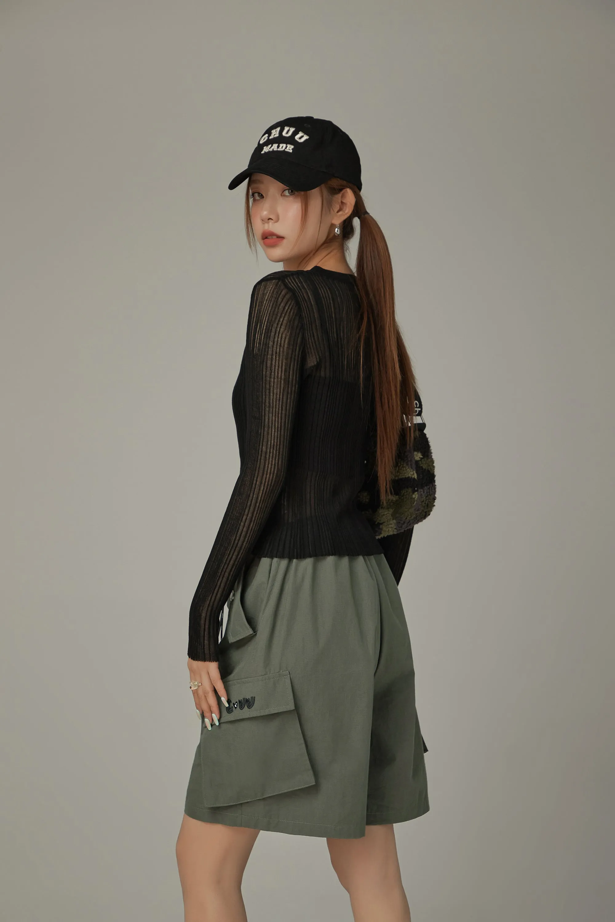 Basic Solid Color Round Neck Knit See Through Top