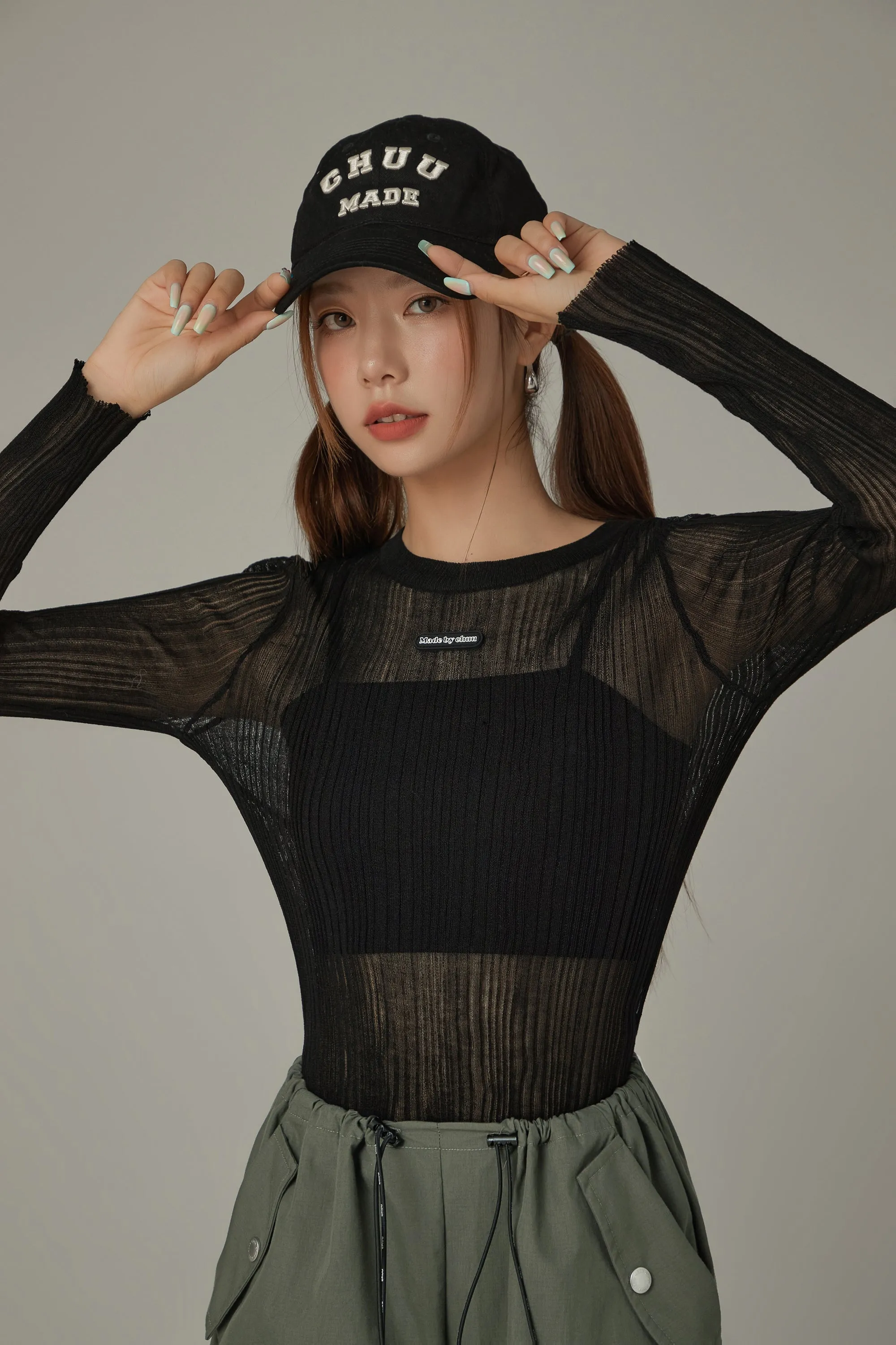 Basic Solid Color Round Neck Knit See Through Top