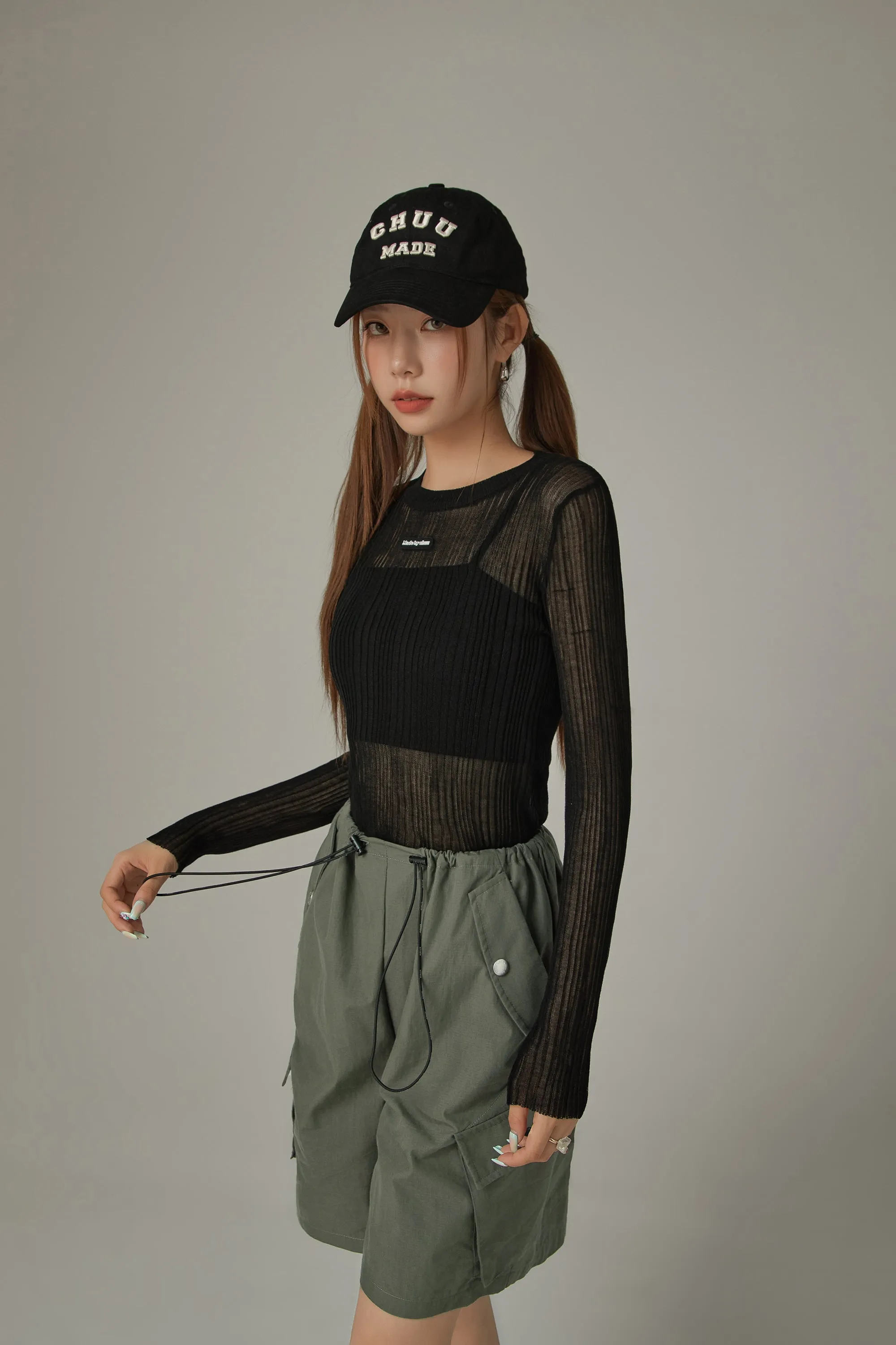 Basic Solid Color Round Neck Knit See Through Top