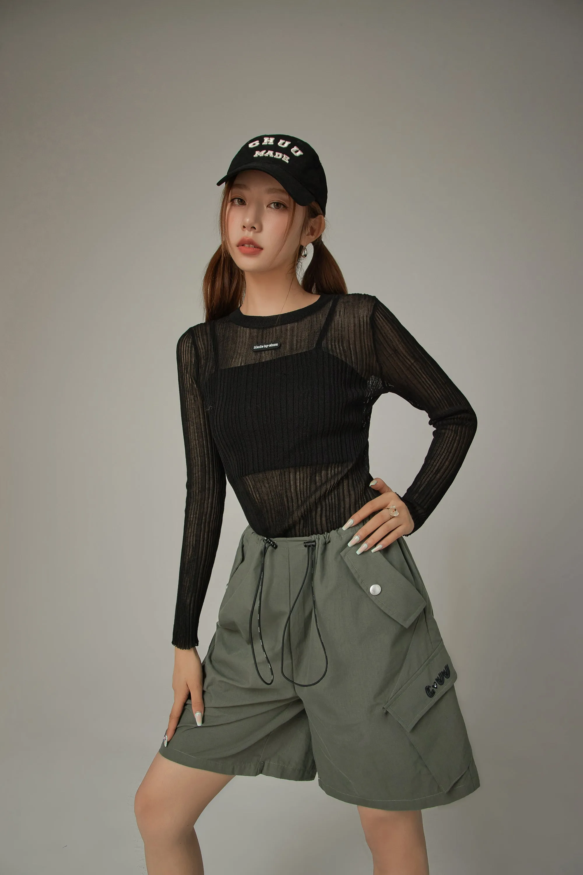 Basic Solid Color Round Neck Knit See Through Top