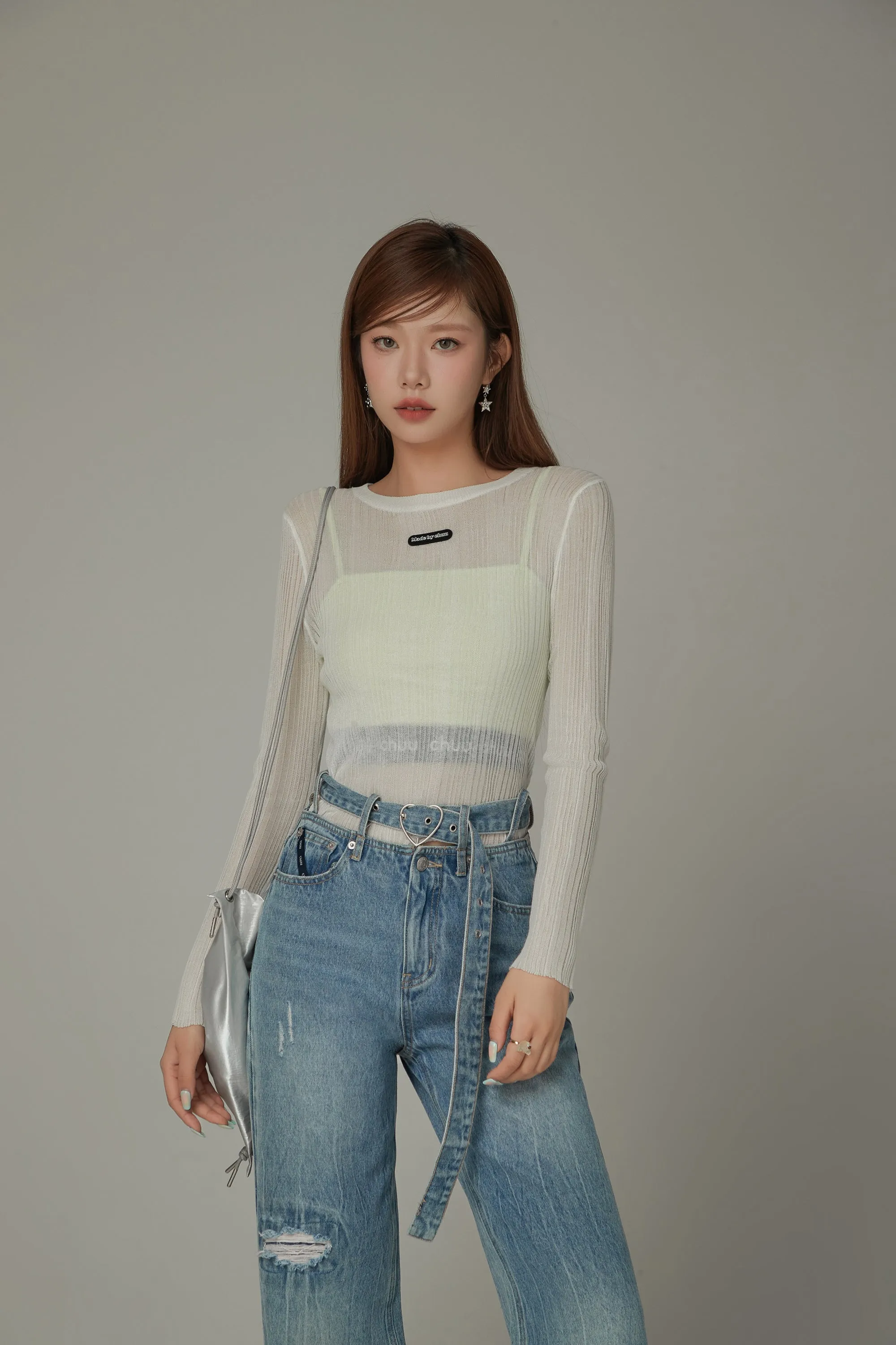 Basic Solid Color Round Neck Knit See Through Top