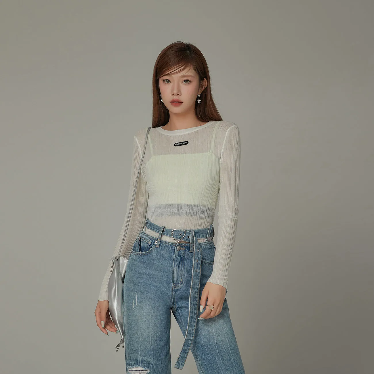 Basic Solid Color Round Neck Knit See Through Top