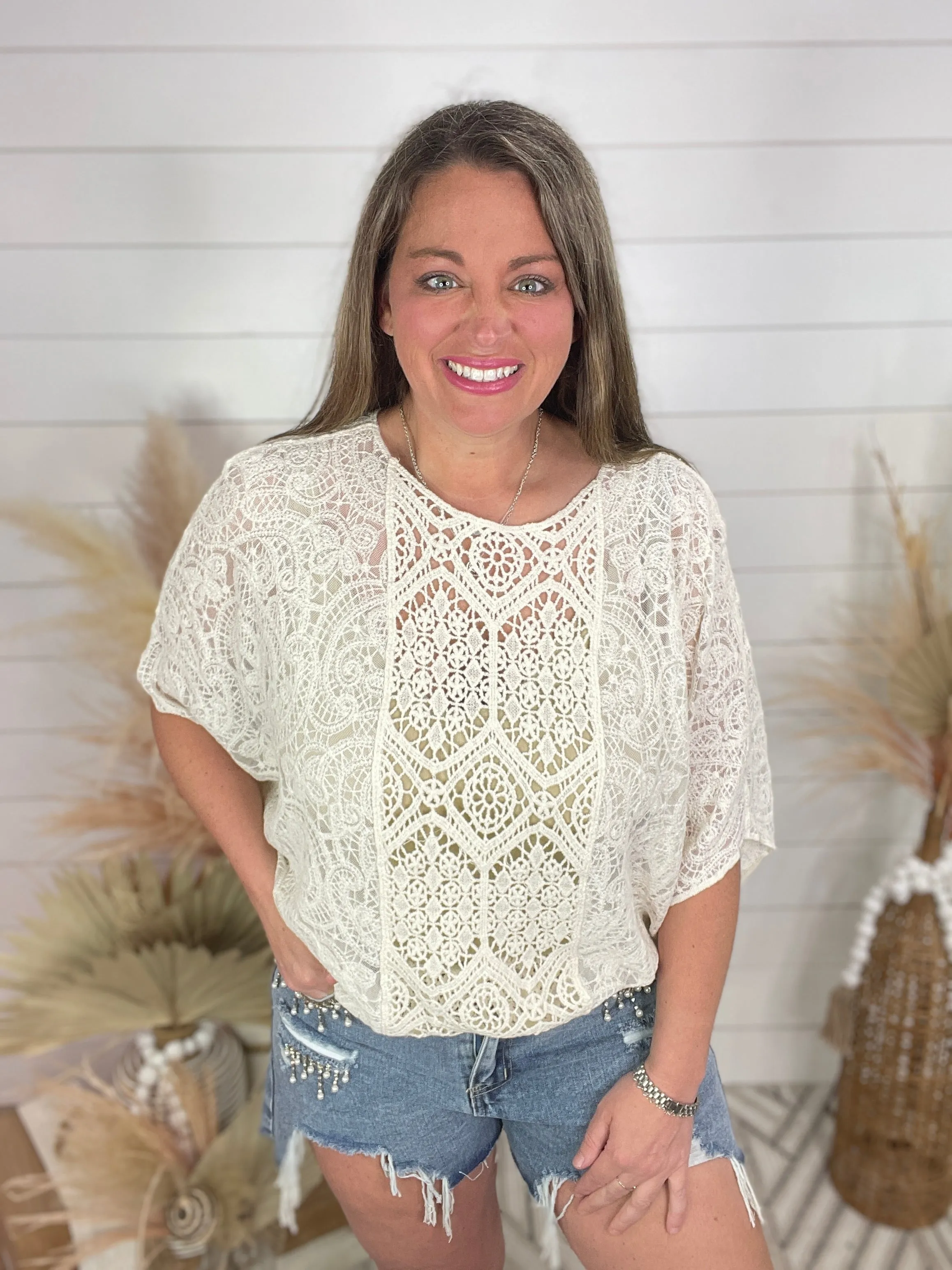 BEIGE ALL OVER LACE DOLMAN TOP