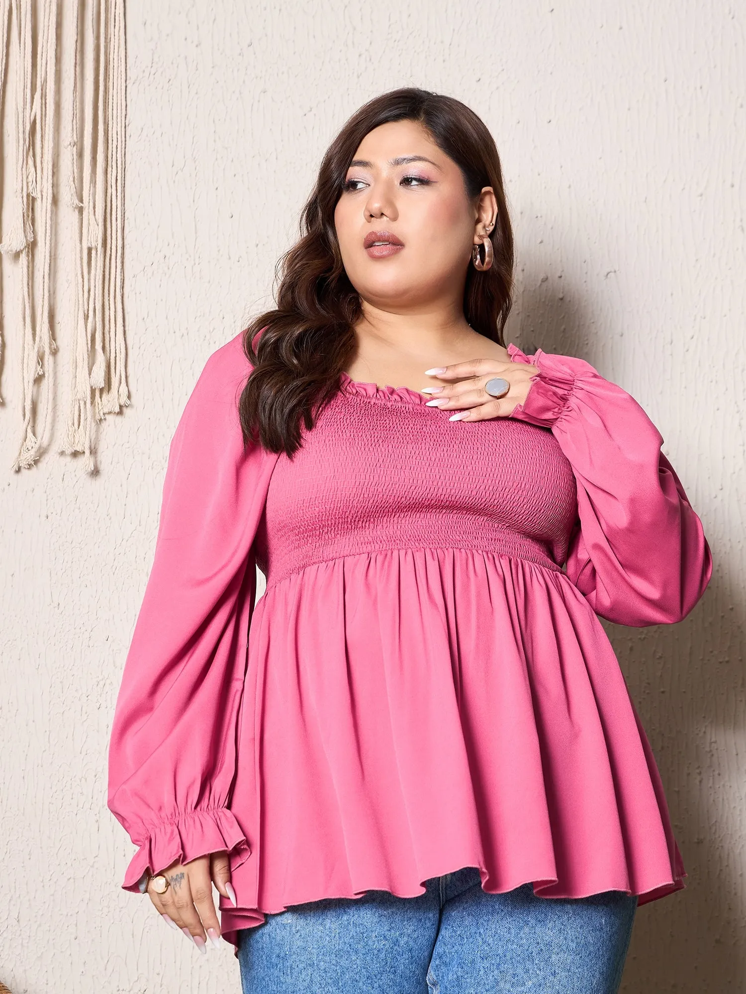 Berrylush Curve Pink Solid Square Neck Smocked A-Line Regular Top