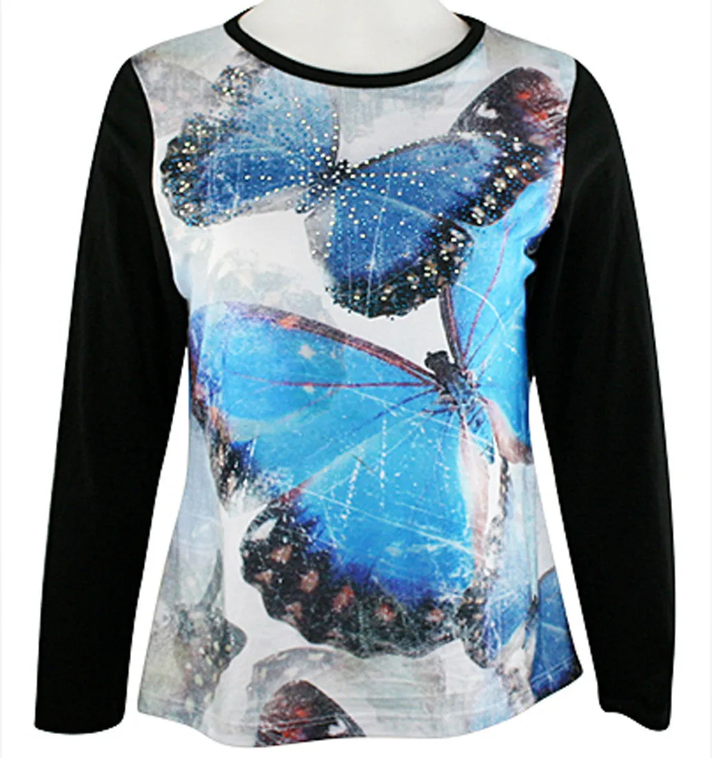 Big Bang Clothing Company Blue Butterfly Scoop Neck Long Sleeve Rhinestone Print