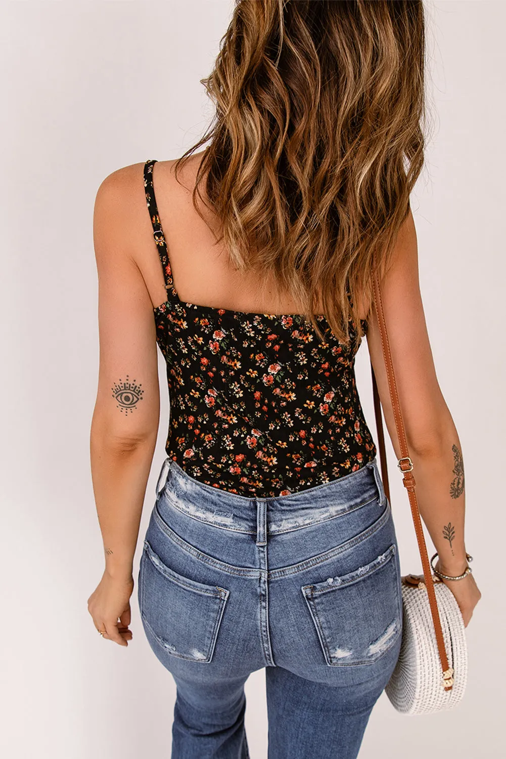 Black Boho Floral Spaghetti Straps Bodysuit Top