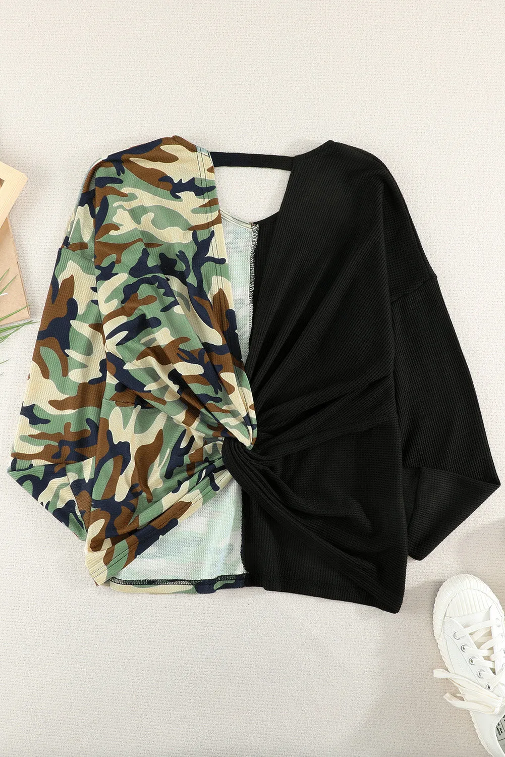 Black Camo Twist Back Waffle Long Sleeve Top