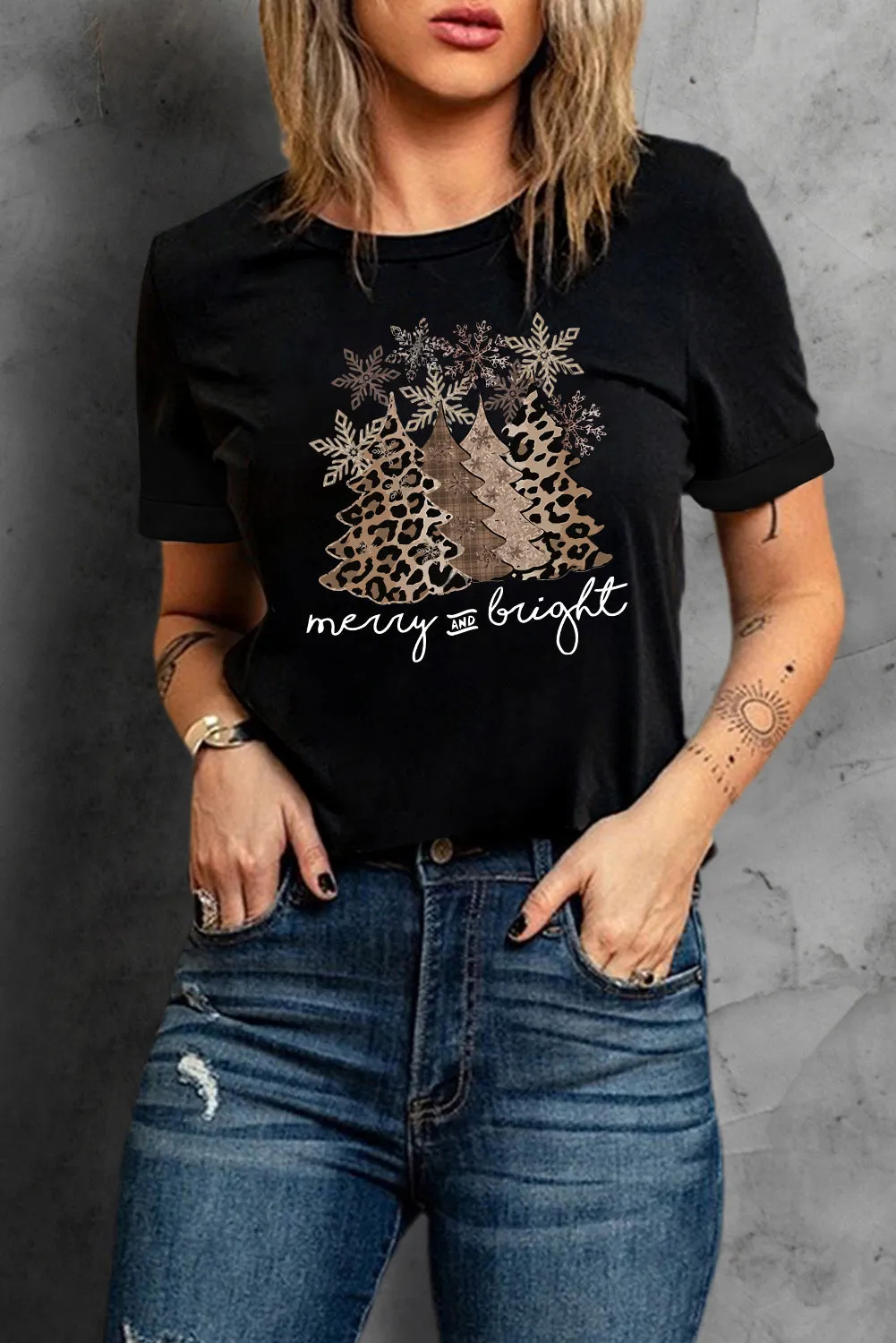 Black Christmas Tree Graphic Print Top