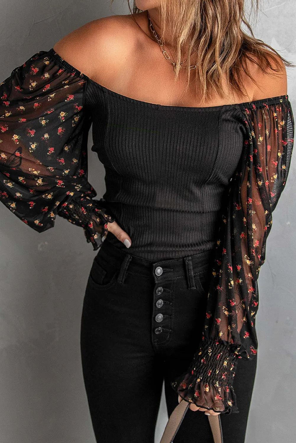 Black Floral Print Casual Long Sleeve Top