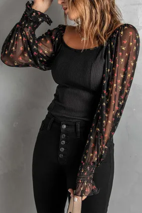 Black Floral Print Casual Long Sleeve Top