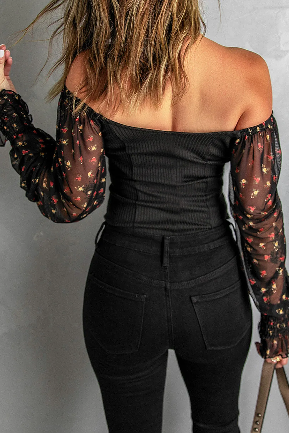 Black Floral Print Casual Long Sleeve Top