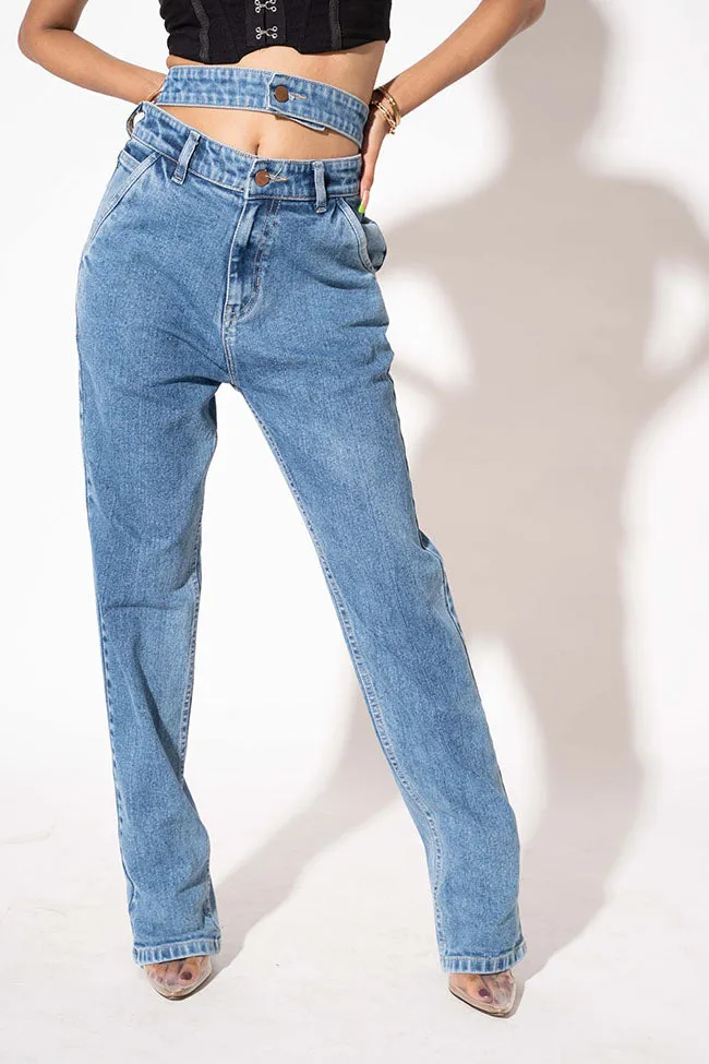 Blue Double Belt Straight High Waist Jeans