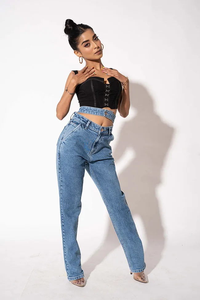 Blue Double Belt Straight High Waist Jeans