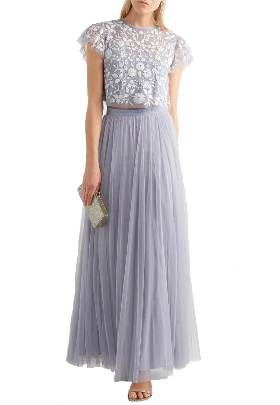 Blue Meadow Embroidered Tulle Cropped Top and Skirt