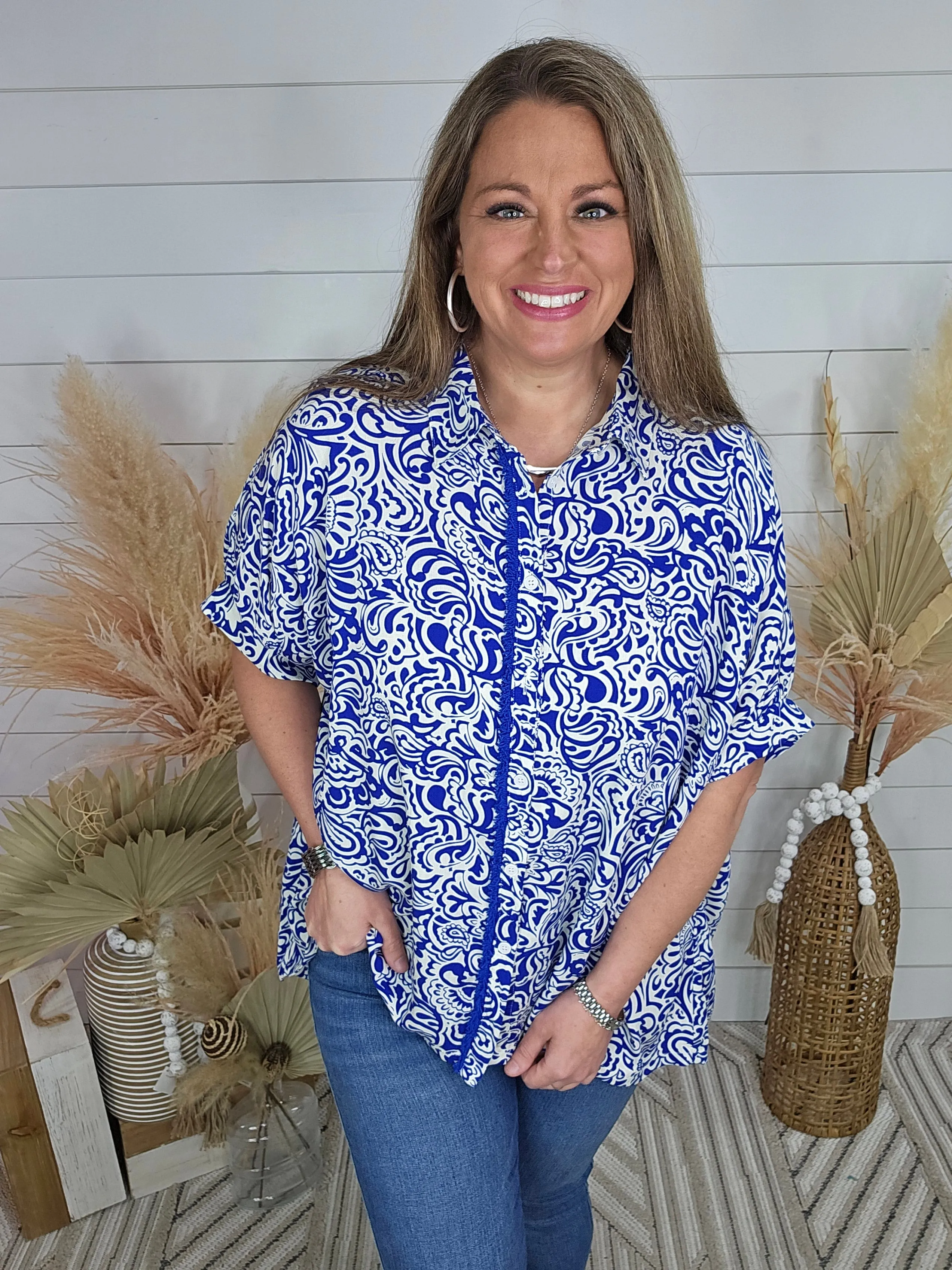 BLUE TWO TONE ABSTRACT PRINT TOP