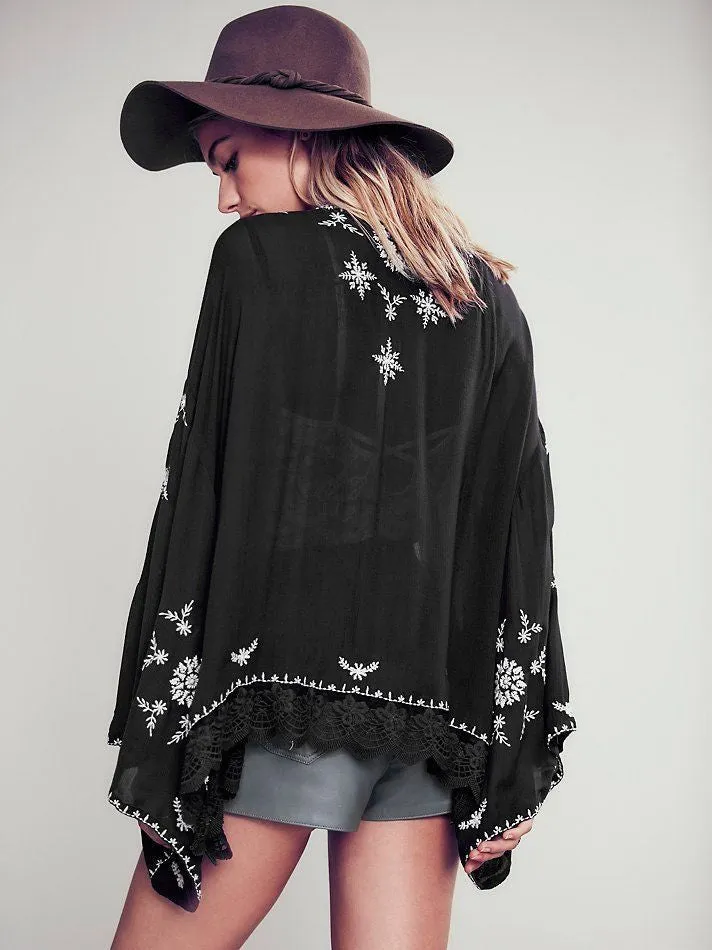 Boho Kimono Black With White Embroidery Lace Hem For Free Spirited People Size Small Medium Or Large