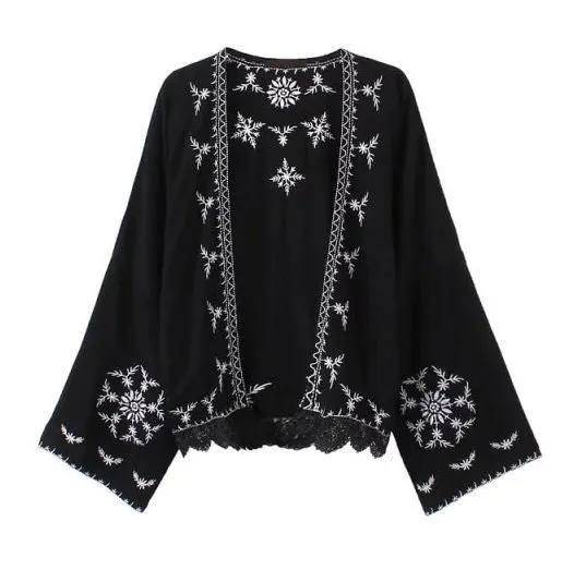 Boho Kimono Black With White Embroidery Lace Hem For Free Spirited People Size Small Medium Or Large